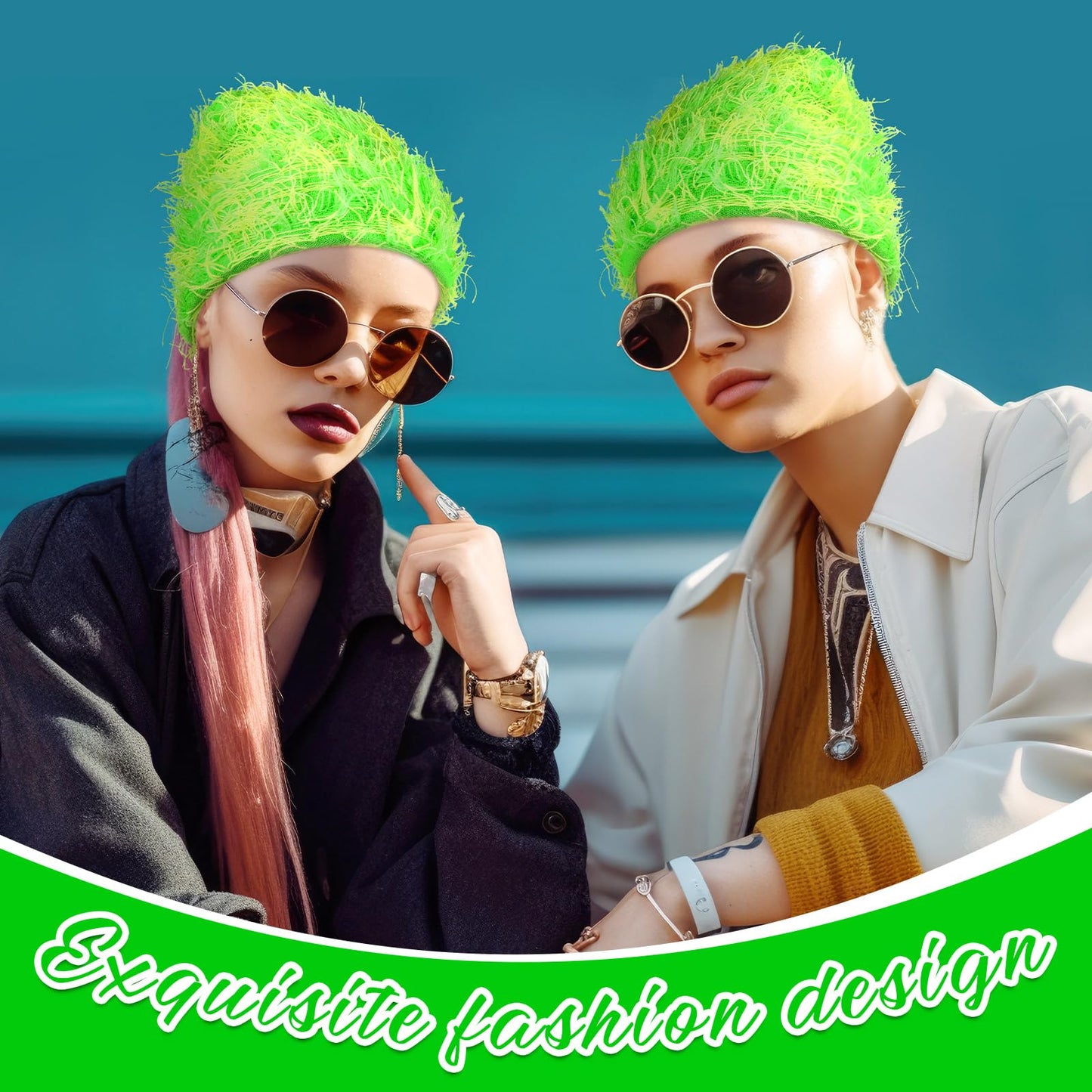 Chuarry Distressed Knitted Beanie Fuzzy Winter Hats Thick Warm Beanies Y2k Beanie Snow Knit Cap Skull for Women Men(Yellow and Green,Regular Style)