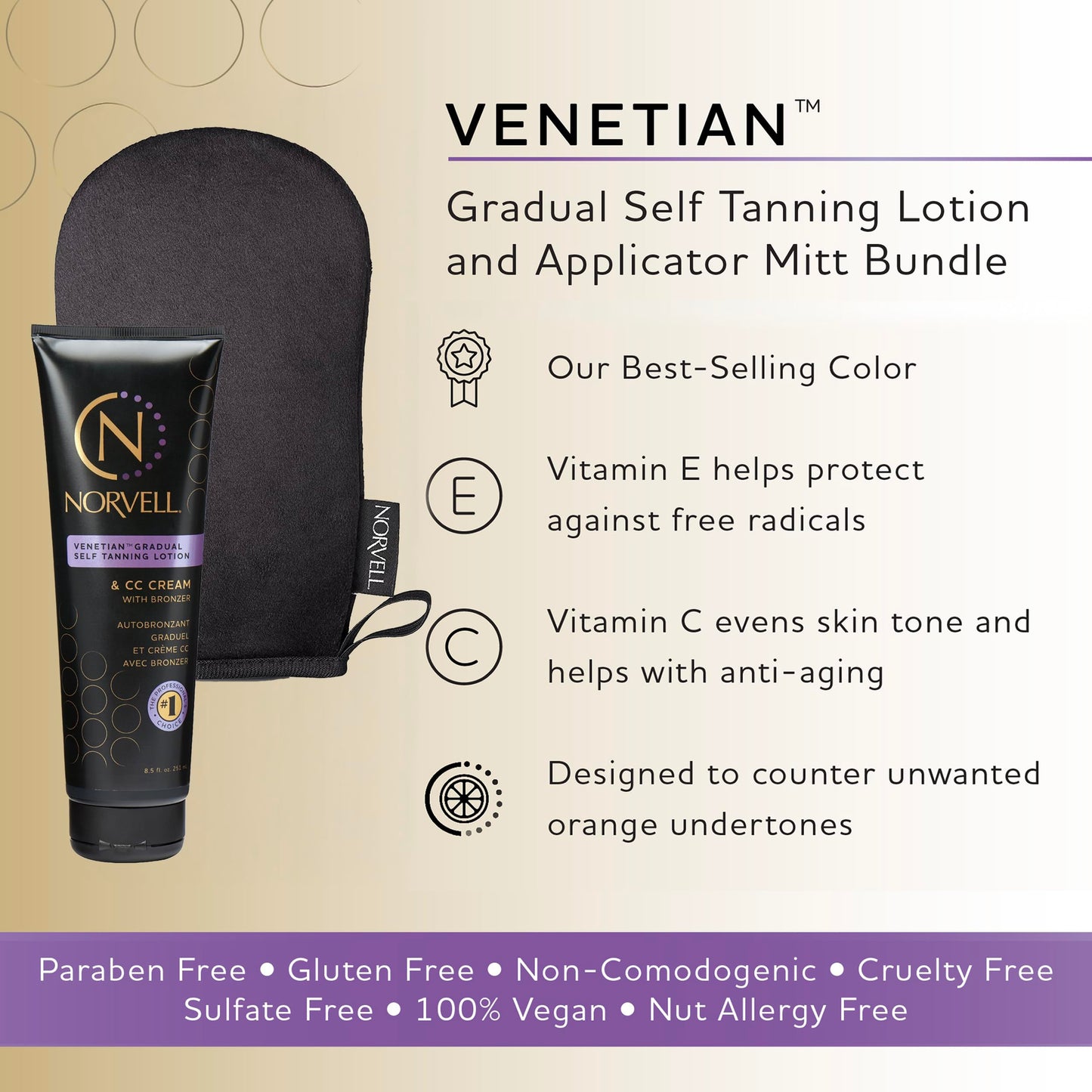 Norvell Sunless Self Tanning Bundle: Self Tan Extender Lotion, 8,5 fl. oz. + Streak Free Tan Applicator Mitt - Premium After Tanning Lotion Moisturizer and Washable Self Tan Mitt for Flawless Results