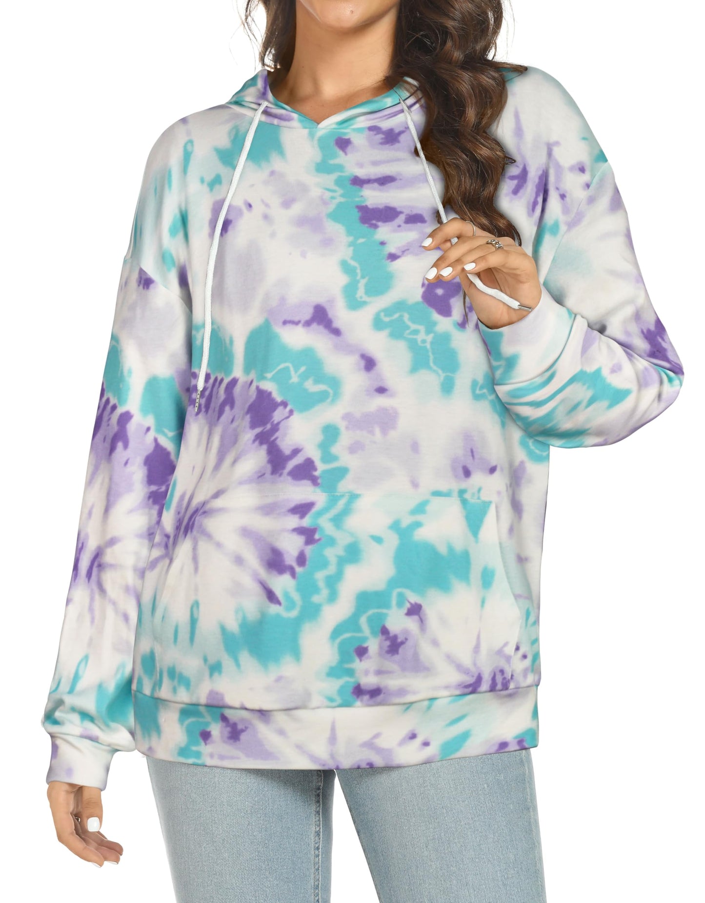 rosemia Hoodies for Women Drawstring Pullover Sweatshirts Casual Long Sleeve Tops with Pocket (Purple Blue Tie Dye,2XL)