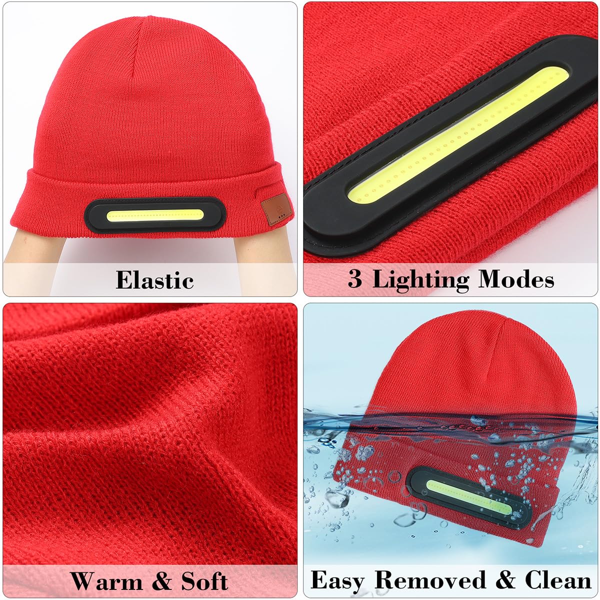 RANCOVY LED Beanie with Light, Unisex USB Rechargeable Headlamp Beanie Flashlight Beanie Hat for Men Women Red