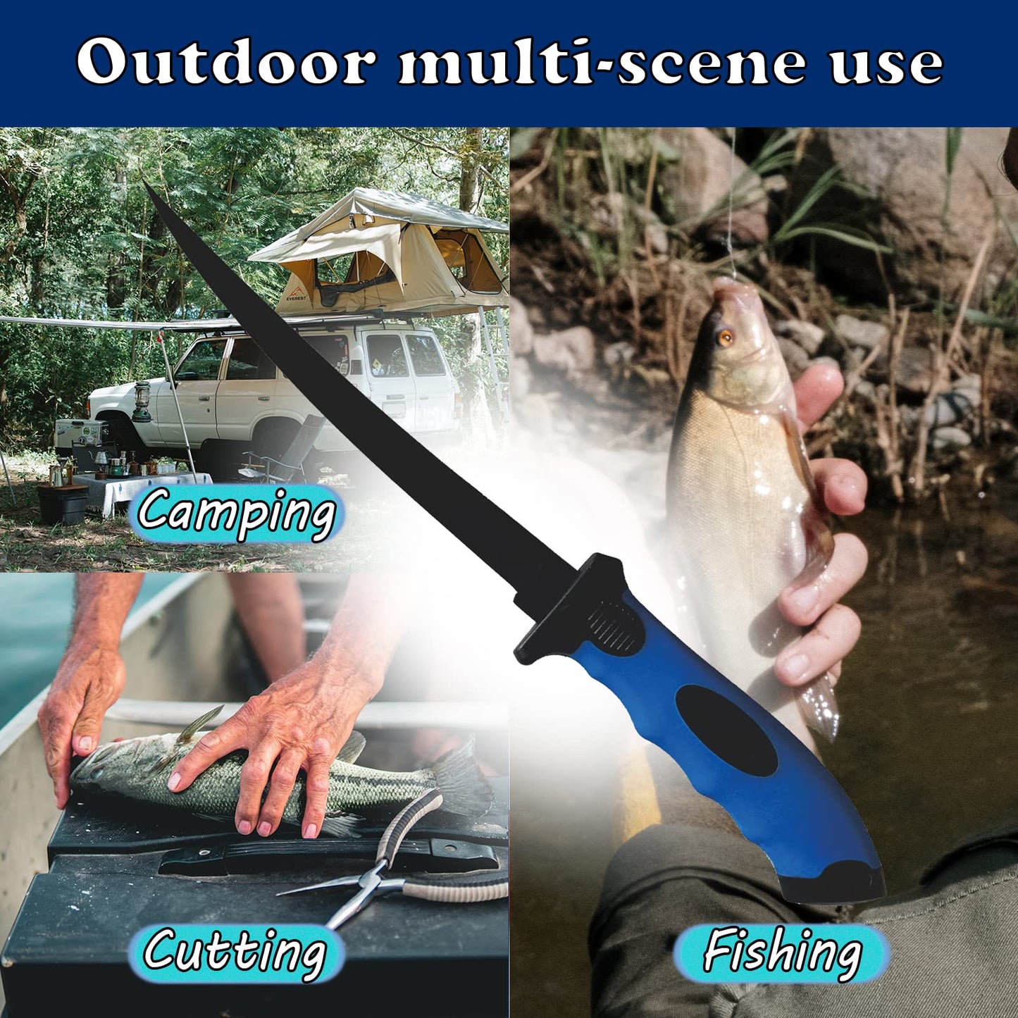 Fish Fillet Knife, 7 Inches Professional Fishing Fillet Knife Set Stainless Steel Blade in Corrosion Resistant Coating, with Sharpener and Cutting Resistant Gloves, for Fishing and Outdoor, Blue