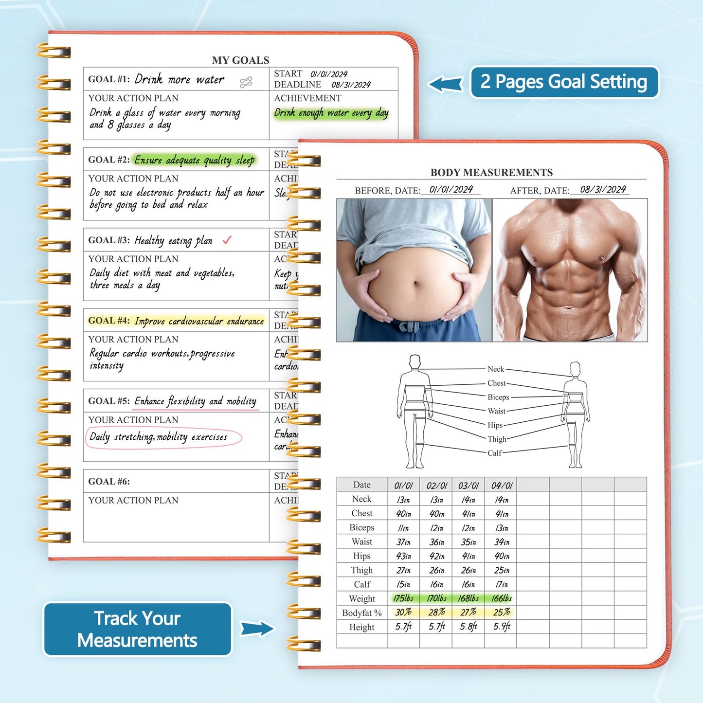 Fitness Journal-Workout Journal for Women & Men, Hard Cover Leather Fitness Planner, Workout Log Book With Gym Goals, Calendar, Progress Tracker, A5-5.7" x 8.3" - Grey