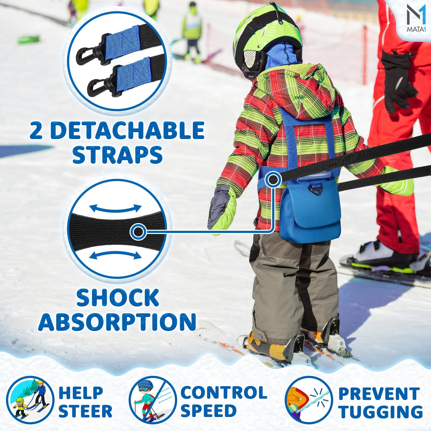 Mata1 Ski & Snowboard Training Harness for Kids - 2 Bungee Elastic Straps to Steer & Learn Speed Control - Ski Trainer Backpack w/Adjustable Shoulder Straps & Easy Lift-Handle for Toddlers