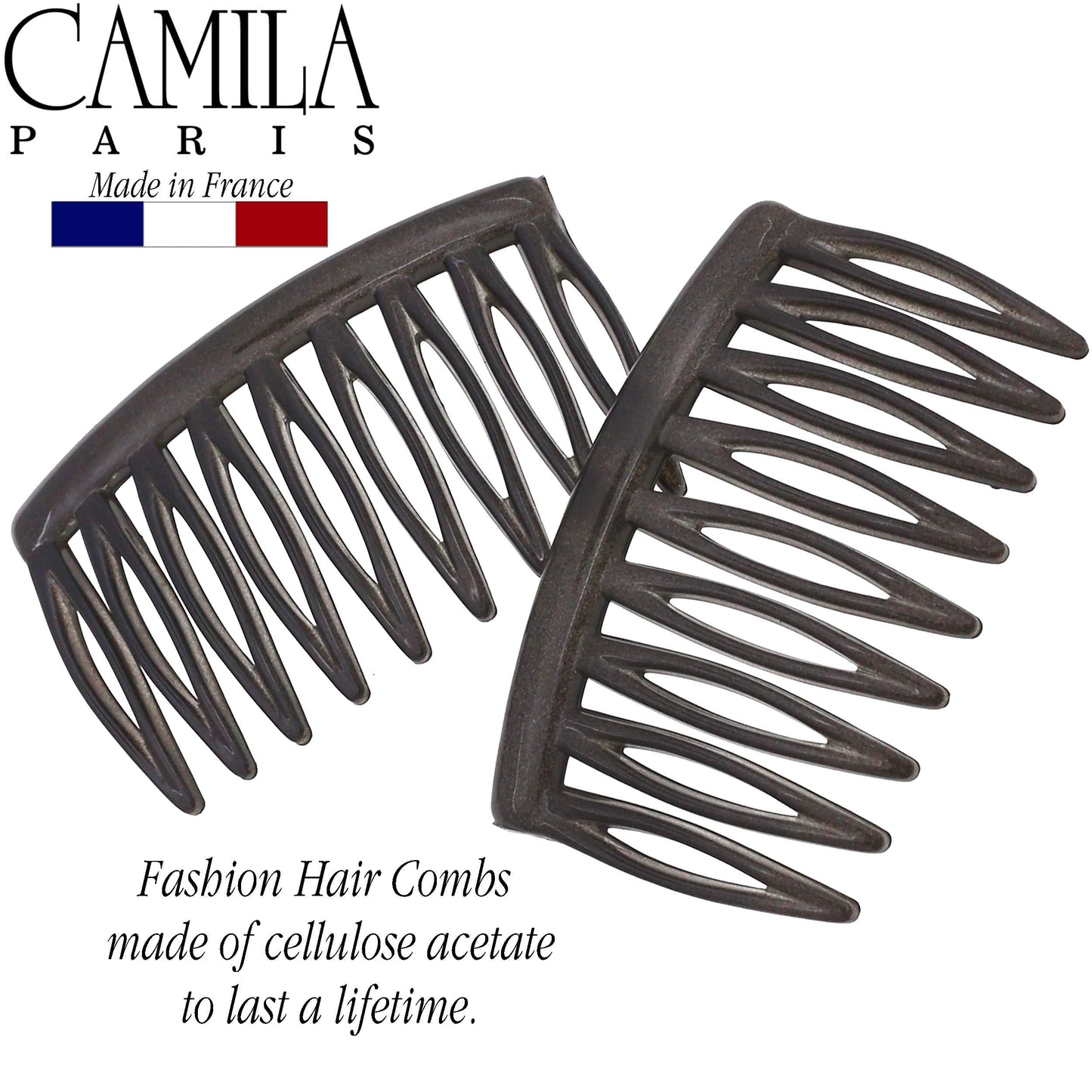 Camila Paris CP3110 French Hair Side Comb, Small, Curved Gray French Twist Hair Combs Decorative, Strong Hold Hair Clips for Women Bun Chignon Up-Do Styling Girls Hair Accessories, Made in France