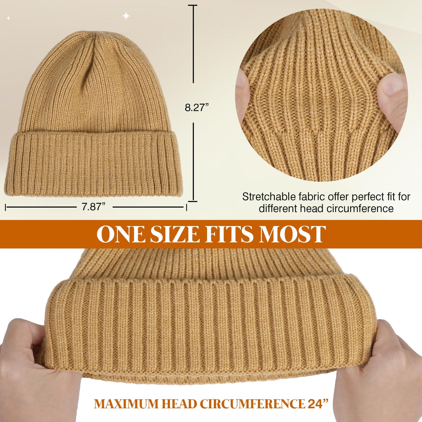 NAHOSY Beanie Hats for Women Men, Soft Alpaca Wool Warm Winter Caps Unisex Fashion Knit Cuffed Cap Ski Hat, Caramel