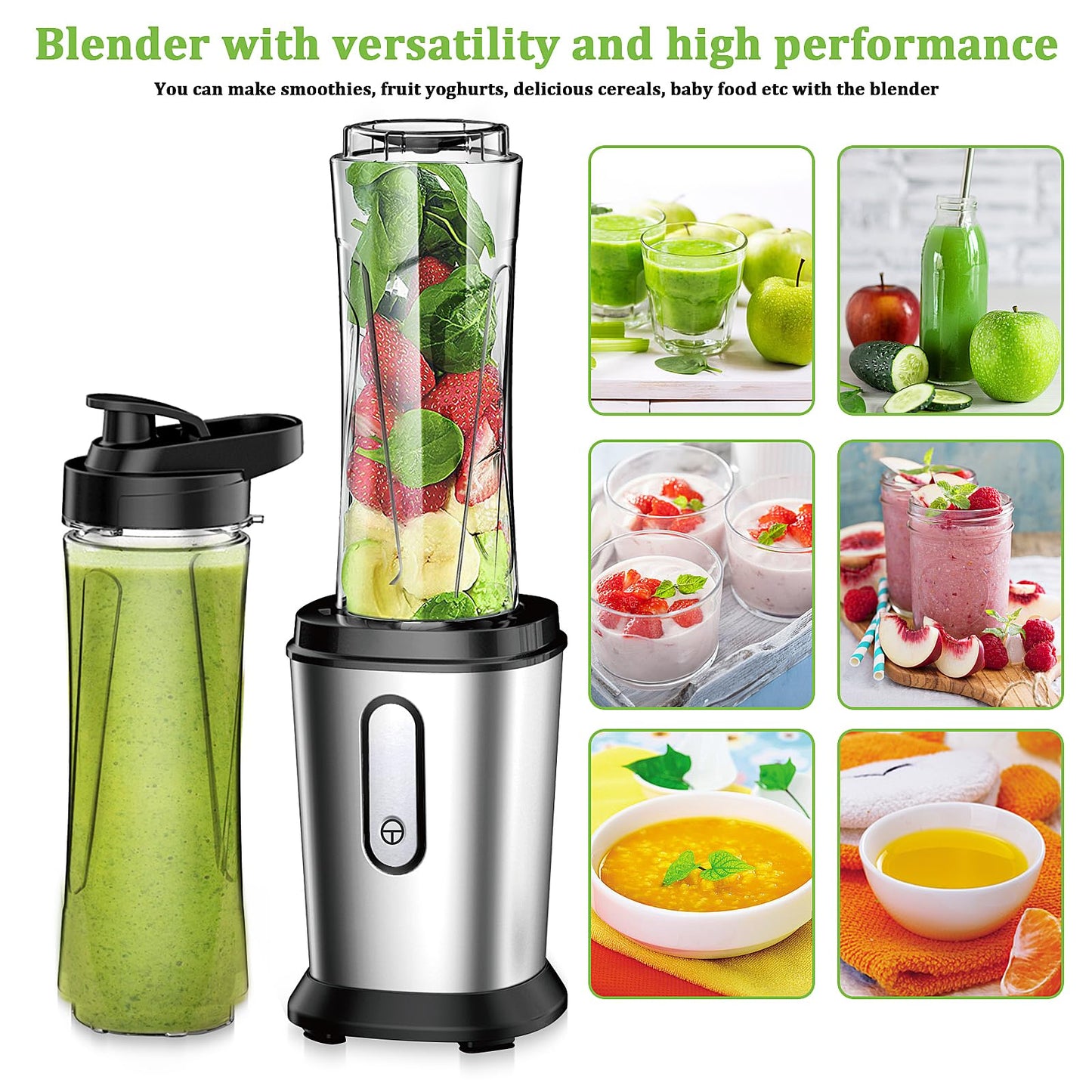 Electric Smoothie Blender, Powerful Small Blender with 2 Portable 20oz Tritan blender Bottles, BPA-Free Personal Blender with 4 Stainless Steel Blades, Mixer Smoothie Maker for Shakes and Smoothies