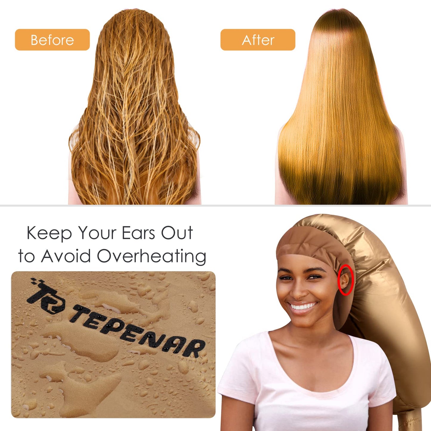 TEPENAR Bonnet Hair Dryer Attachment: Upgraded Extra Large Adjustable Hair Dryer Cap - Easy to Use for Natural Curly Textured Hair Care Styling Fast Drying - Gold