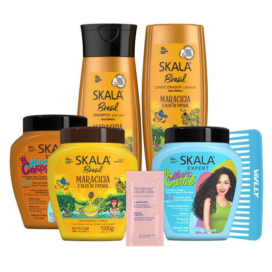 Skala Brazilian Hair Care Kit – 4 Pieces: Maracujá Shampoo & Conditioner 325ml Each + Blue Mais Cachos 35.2 oz + Maracujá 35.2 oz + Mais Crespos + Color Care Packet Packet + Free Comb (Color May Vary)