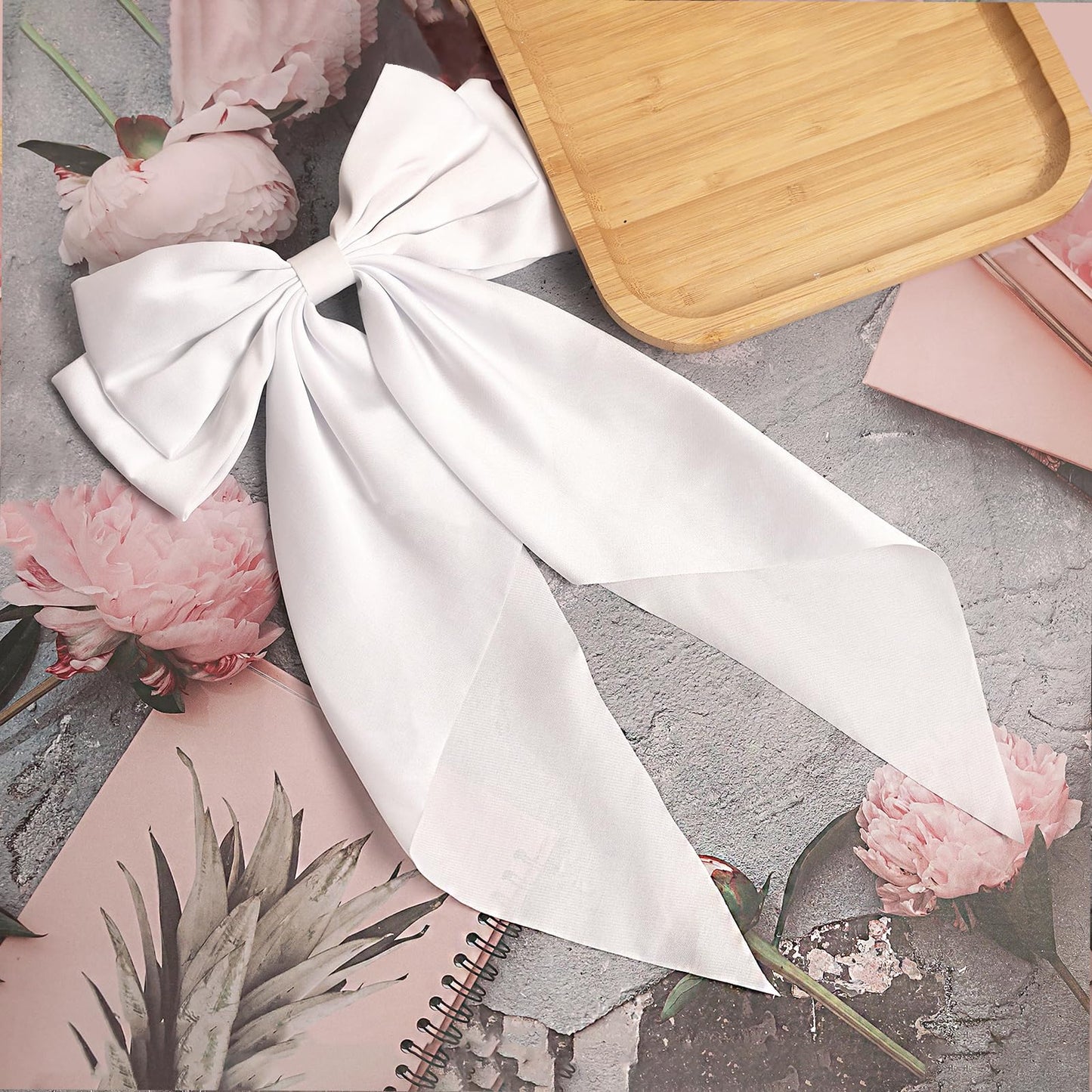 SUSULU Large Hair Bow Clips for Women Red Hair Bow White Hair Bow Slides for Girls Satin Hair Barrettes with Long Ribbon Tail,Wedding Birthday Women Hair Accessories Pack of 2