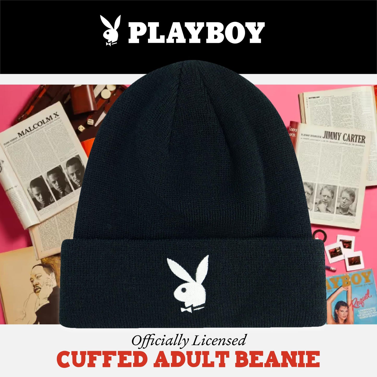 Concept One Playboy Beanie Hat, Cuffed Knit Winter Cap with Logo, Black