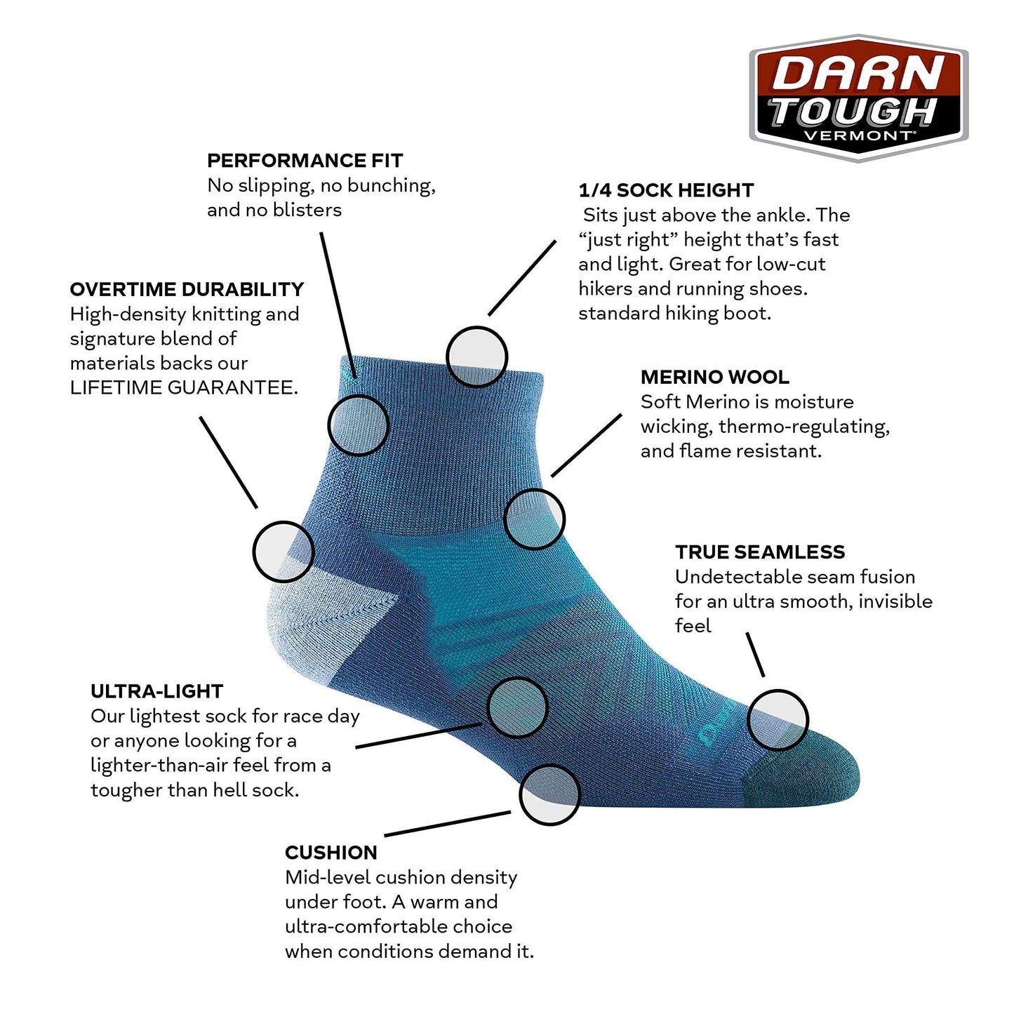 Darn Tough Women's Run Quarter Ultra-Lightweight with Cushion Running Sock (Style 1048) - White, Small