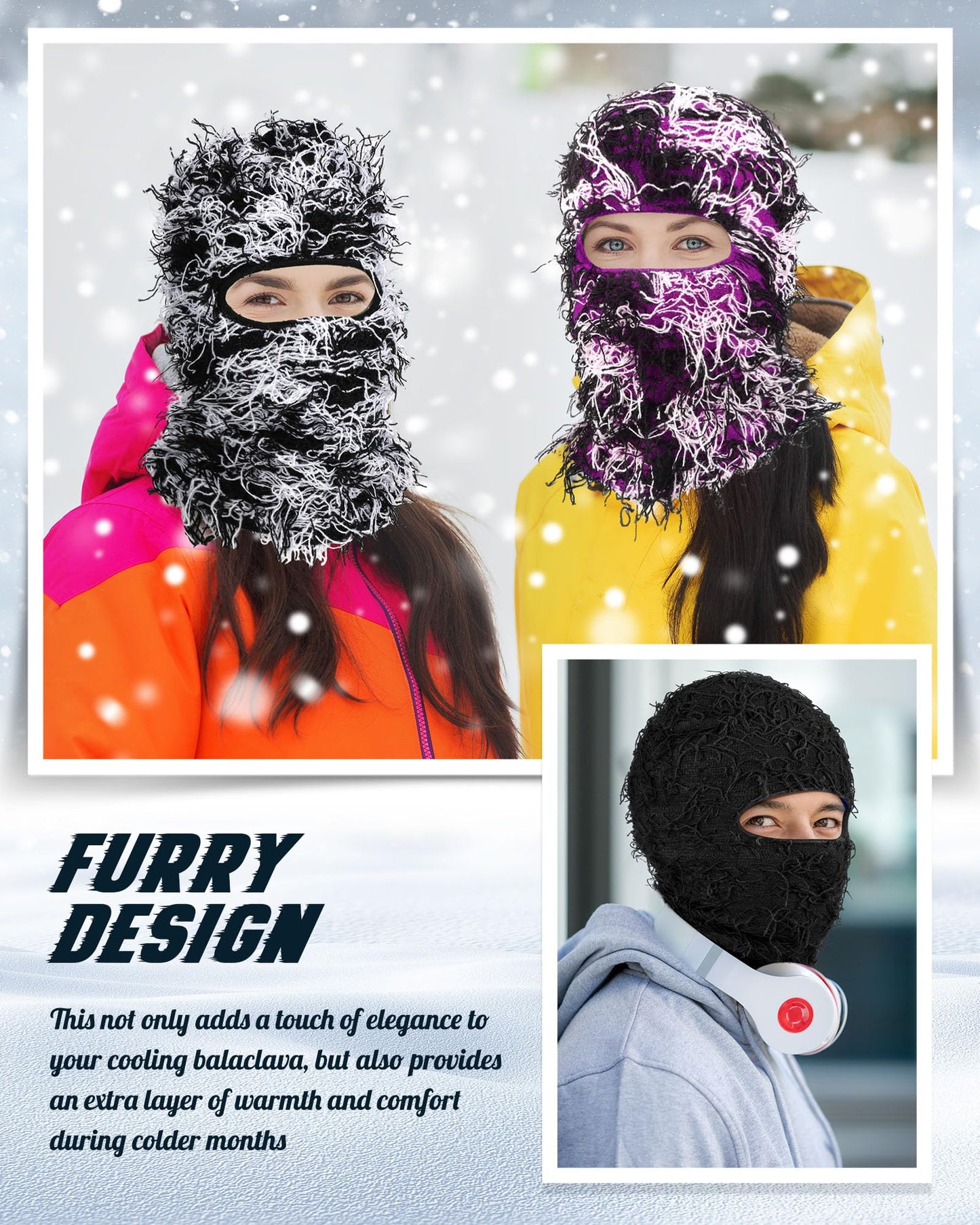 Panitay 4 Pcs Men Distressed Balaclava Winter Trending Ski Masks Women Wind Proof Furry Distress Face Mask (Main Black,White)