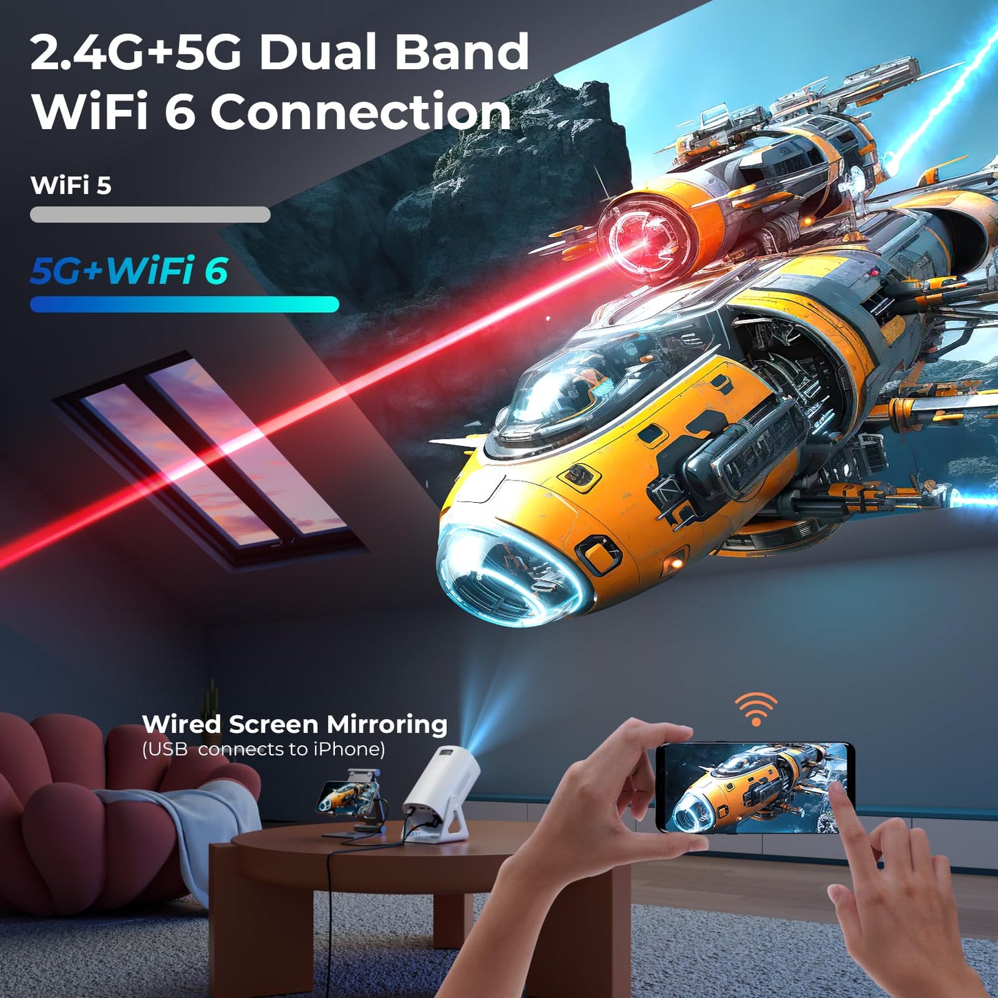 TransarJect Portable WiFi and Bluetooth Projector - 4K 1080P Supported Mini Movie Projector, 270°Adjustable Stand Outdoor Home Theater Star Projector with Ambient Light for Phone TV Stick Laptop