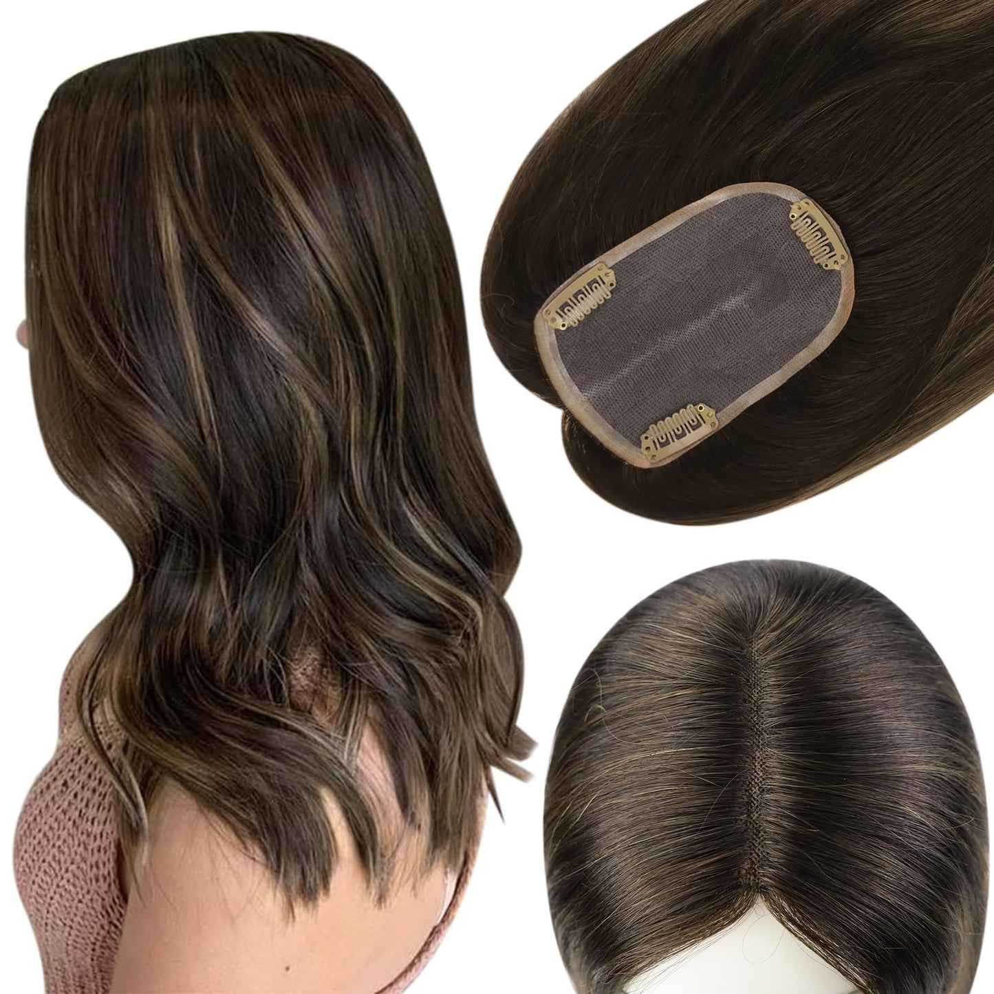 Full Shine Hair Toppers For Women Real Human Hair 3 * 5 Inch Ombre Darkest Brown To Ash Brown Highlights Brown Hidden Crown Hair Extensions Hair Pieces With Clips For Short Hair 12 Inch