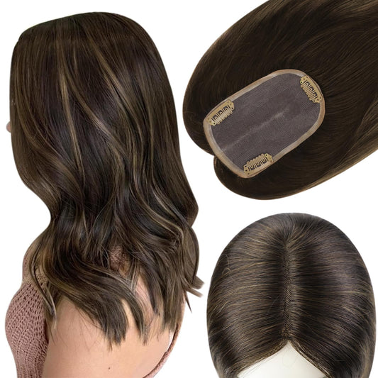 Full Shine Hair Toppers For Women Real Human Hair 3 * 5 Inch Ombre Darkest Brown To Ash Brown Highlights Brown Hidden Crown Hair Extensions Hair Pieces With Clips For Short Hair 12 Inch