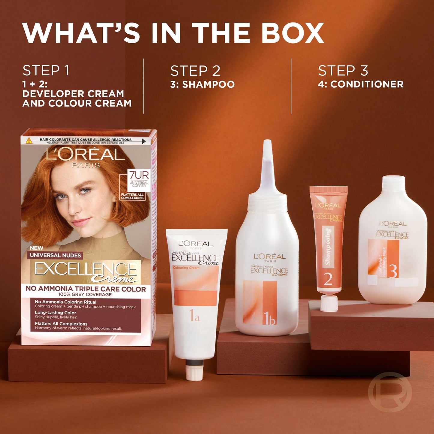 L’Oréal Paris Excellence Universal Nudes Permanent Hair Color, Ammonia Free Hair Dye for Gray Hair Coverage, 7NR Natural Copper, 1 Hair Dye Kit