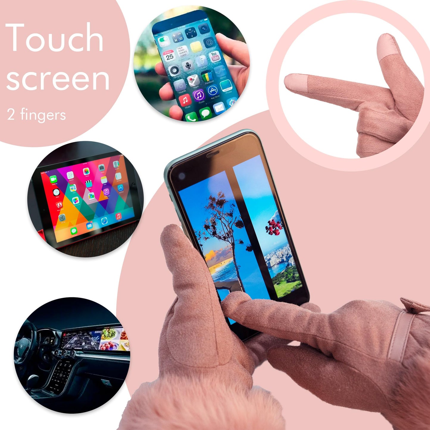 Hysenm Women Winter Gloves With Touch Screen Fingers Warm Suede Gloves Texting Thermal Windproof Mittens for Driving Running,Pink