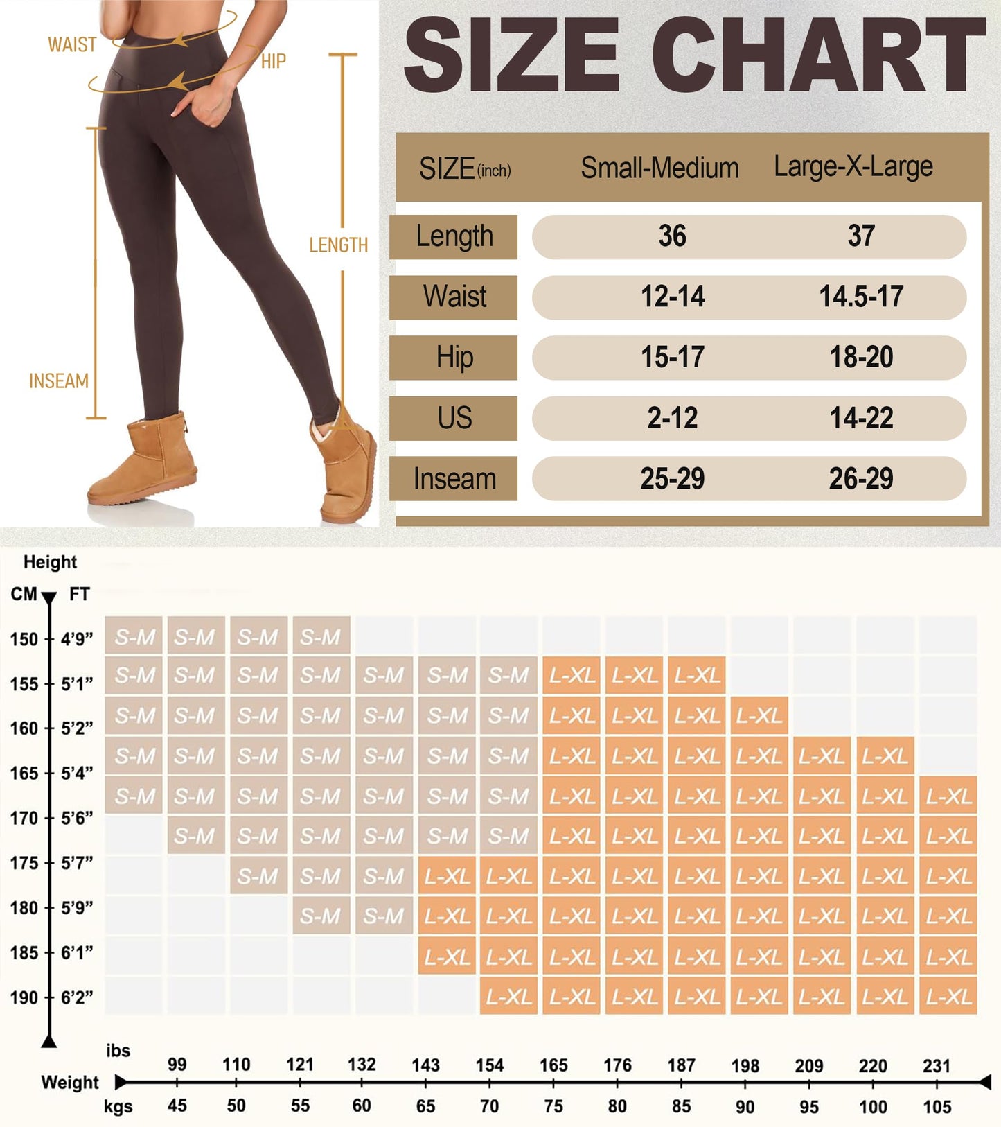 DHSO Fleece Lined Leggings Women with Pockets-Thermal High Waisted Tummy Control Warm Winter Workout Yoga Pants Light Khaki