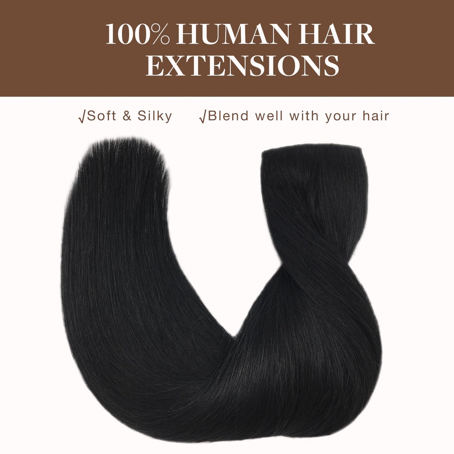 GOO GOO Wire Hair Extensions Human Hair, 1 Jet black Natural 18inch 125g, Invisible Wire Hair Extensions with Transparent, Seamless Fish Line Hairpiece