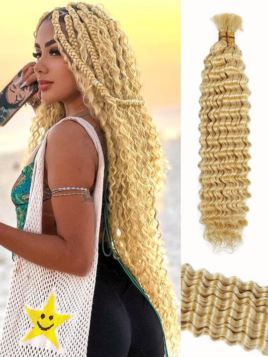 613 Blonde Braiding Hair 100g 16 Inch Deep Water Wave Bulk Human Hair for Braiding No Weft Bundle Brazilian Virgin Curly Human Hair Extensions for Boho Braids Wet and Wavy Human Braiding Hair