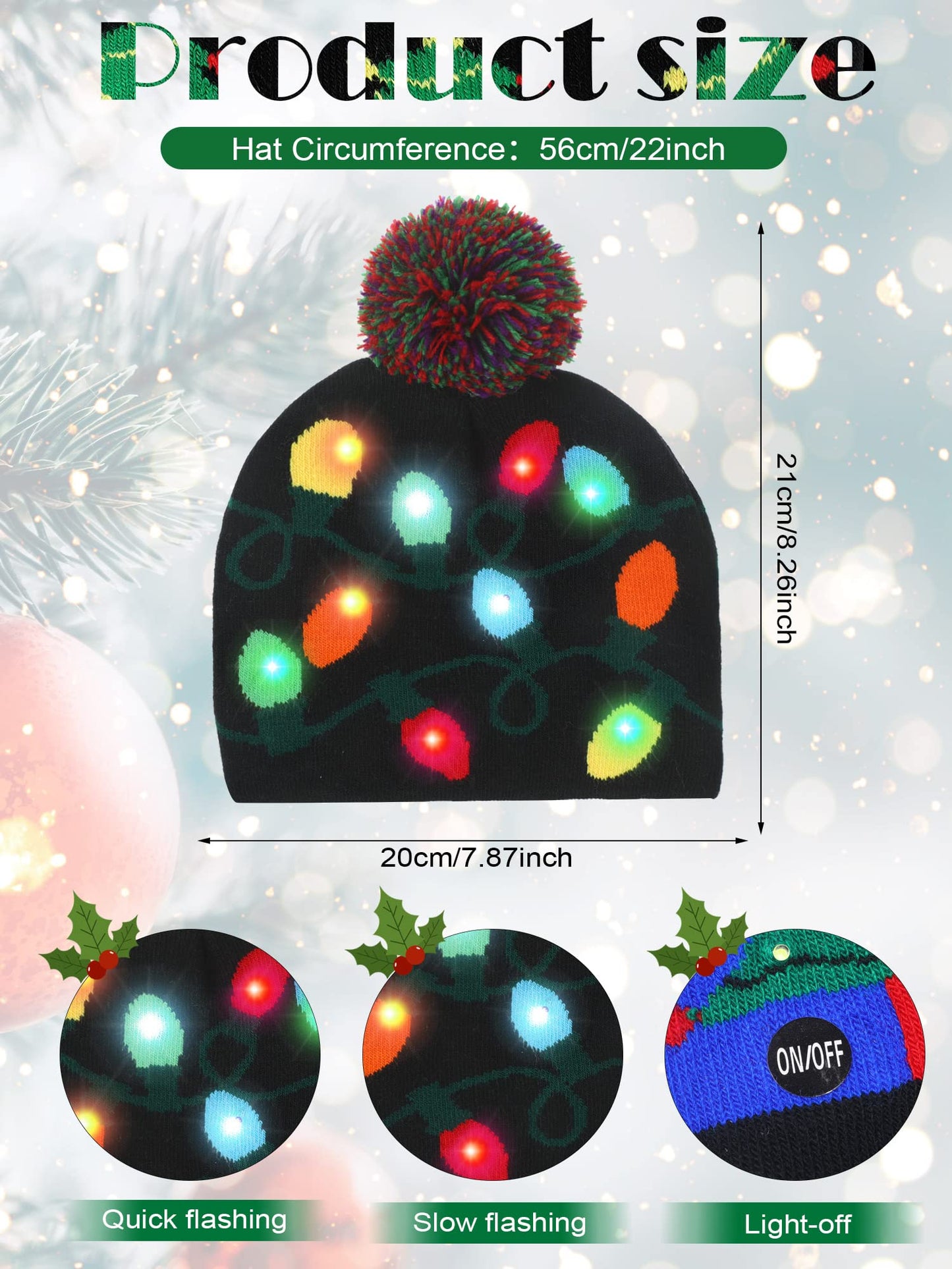 4 Pieces Led Christmas Knitted Hat Light up Xmas Beanie Cap Novelty Unisex Led Winter Snow Hat with 6 Colorful Led