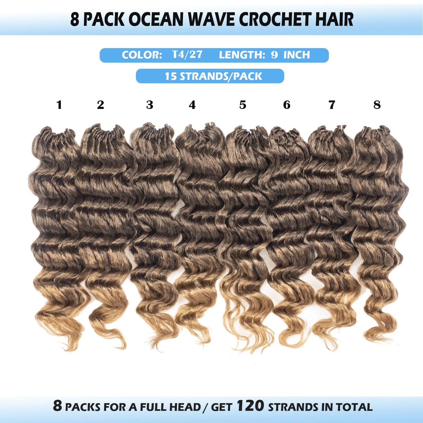 ToyoTree Ocean Wave Crochet Hair - 9 Inch 8 Packs Ombre Blonde Short Curly Deep Wave Crochet Hair, Synthetic Ocean Wave Braiding Hair Extensions (9 Inch,T4/27-8P)