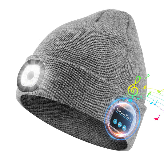 Rotibox Bluetooth Beanie with Light, Unisex USB Rechargeable 4 LED Headlamp Hat, Wireless Headphones Grey