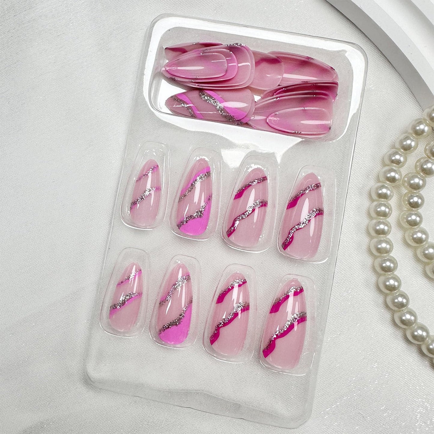 Almond Press on Nails Medium Fake Nails Pink False Nails with Design Silver Glitter Swirl Wave Acrylic Glue on Nails Glossy Artificial Stick on Nails for Women Girls Manicure Decoration 24Pcs