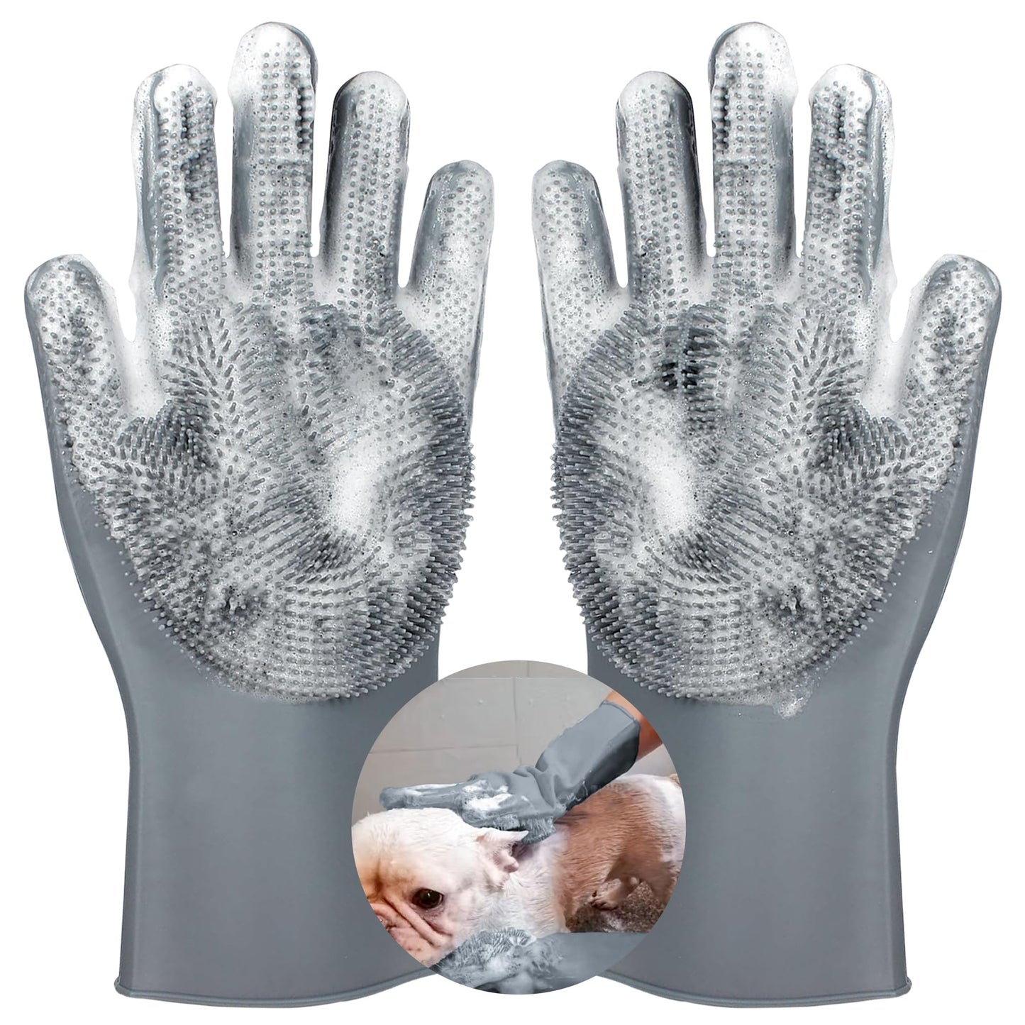 SUKETIL Pet grooming gloves,Dog washing gloves with High-Density Teeth with Five Finger Design to bathing and Massage for Dogs,Cats (Gray)