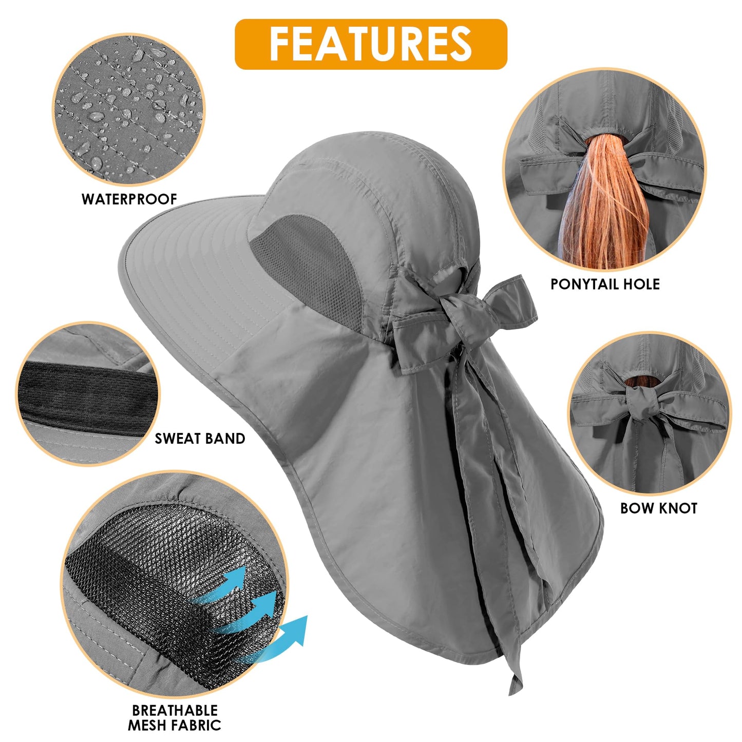 Womens Sun Hat UV Protection, Foldable Waterproof Wide Brim Bucket Hats with Neck Flap for Summer Beach Fishing Hiking