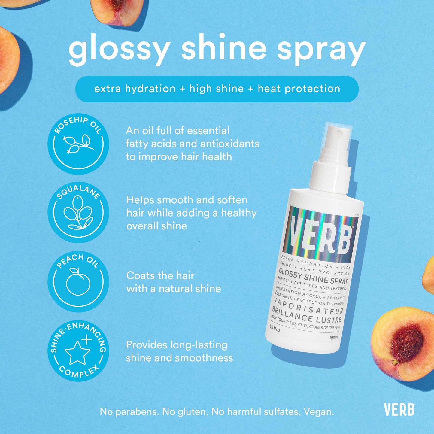 VERB Glossy Shine Spray with Heat Protection - Vegan Paraben Free Moisturizing Hair Spray without Harmful Sulfates for All Hair Types - Adds High Shine and Primes for Styling, 2oz / 60 mL