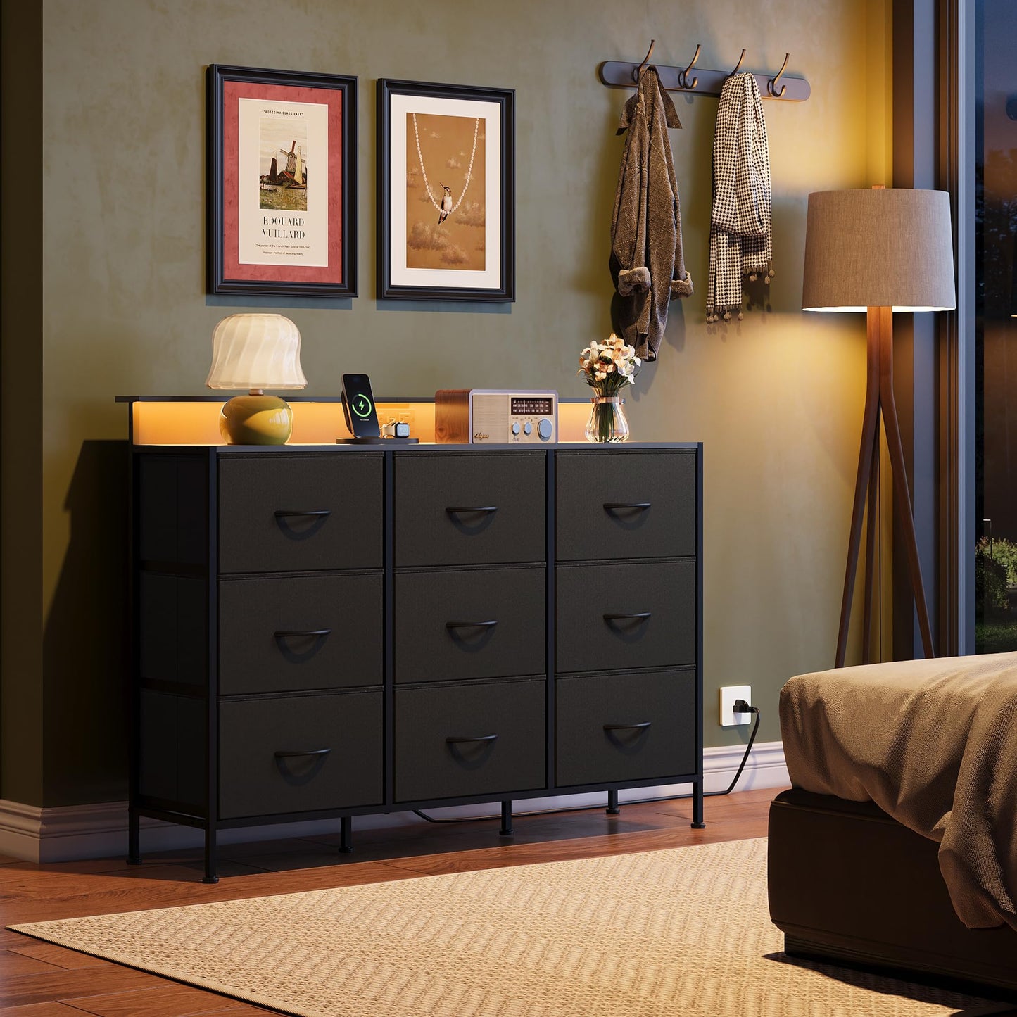 WLIVE Black Dresser TV Stand for 50, 55 inch, Led Dresser for Bedroom, Chest of Drawers with LED Lights, Charging Station, Clothes Storage with 9 Drawers, Wood Top, Living Room, Closet