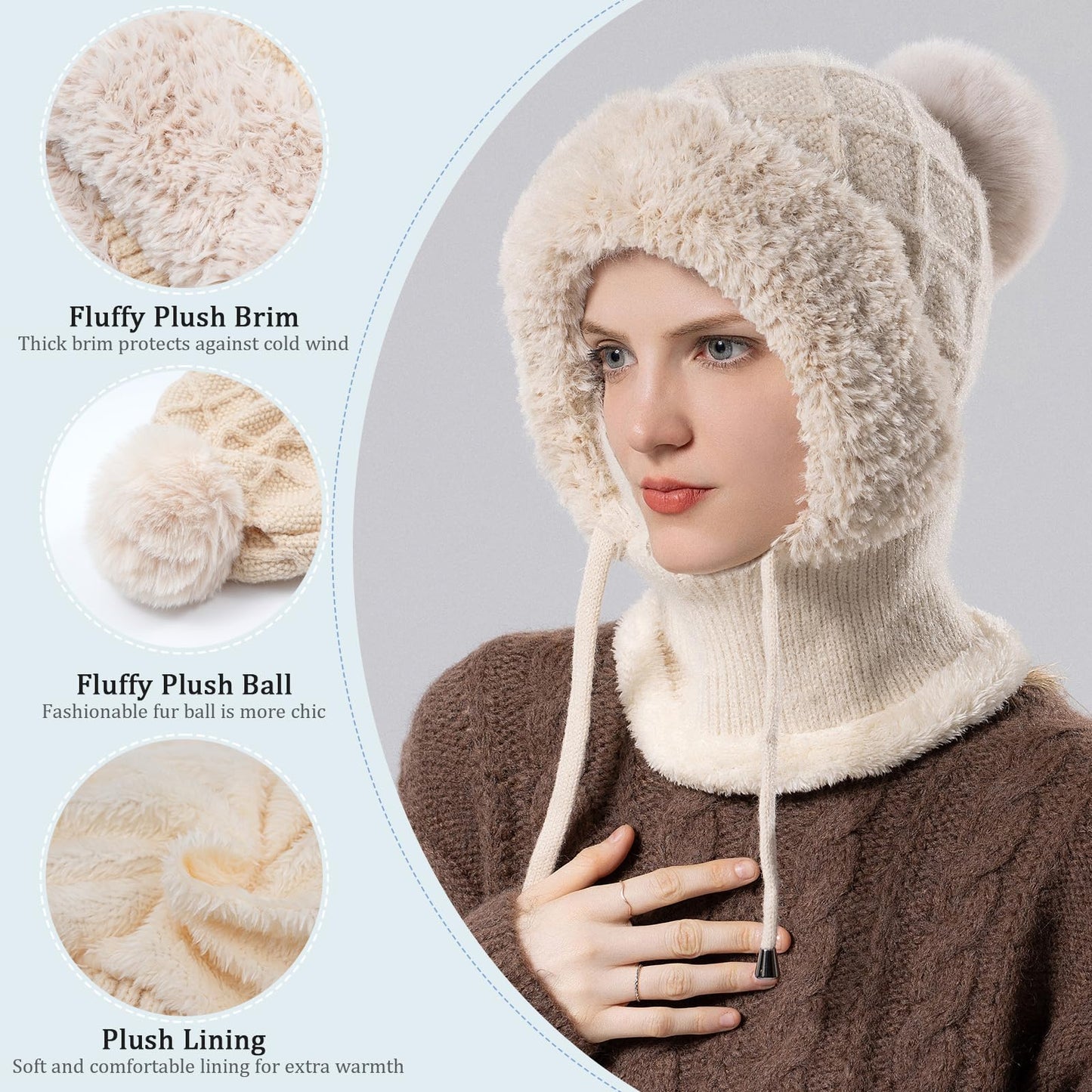 HAIMEIKANG Balaclava Ski Hat Wind-Resistant Hat Cap Scarf for Women and Men - Face Cover for Extreme Cold Weather Gear Beige