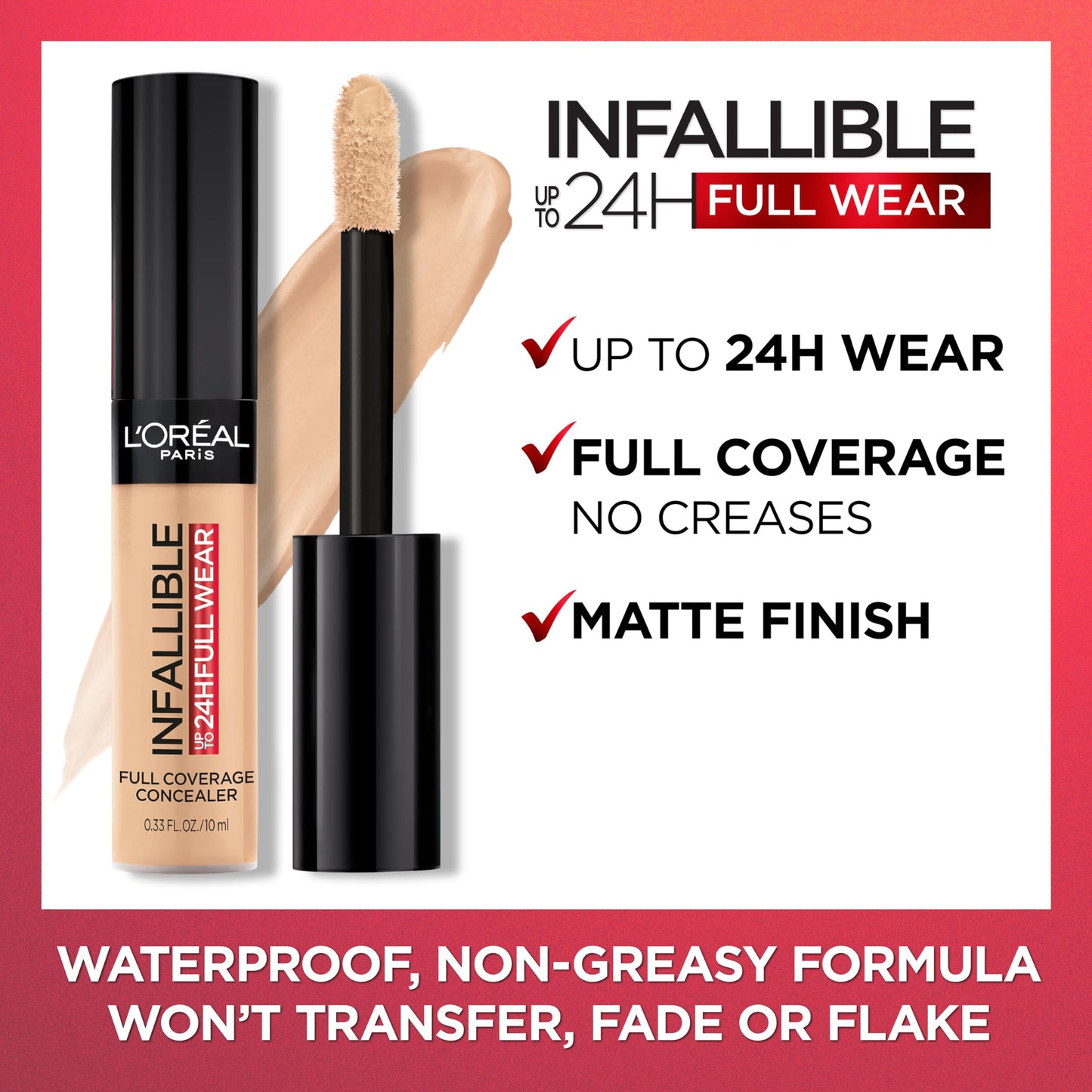 L'Oreal Paris Makeup Infallible Full Wear Waterproof Matte Concealer, Full Coverage, Walnut, 0.33 fl. oz.
