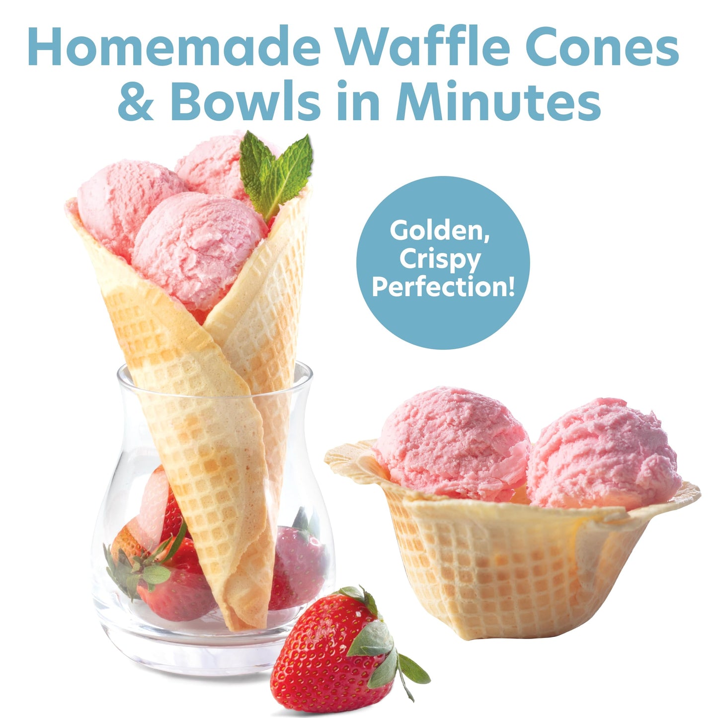 Waffle Cone and Bowl Maker for Homemade Ice Cream Cones- Includes Shaper Roller & Bowl Press- Electric Nonstick Waffler Iron Machine for Sundaes or DIY Dessert, Summer BBQ Gift Treat for Kids Adults