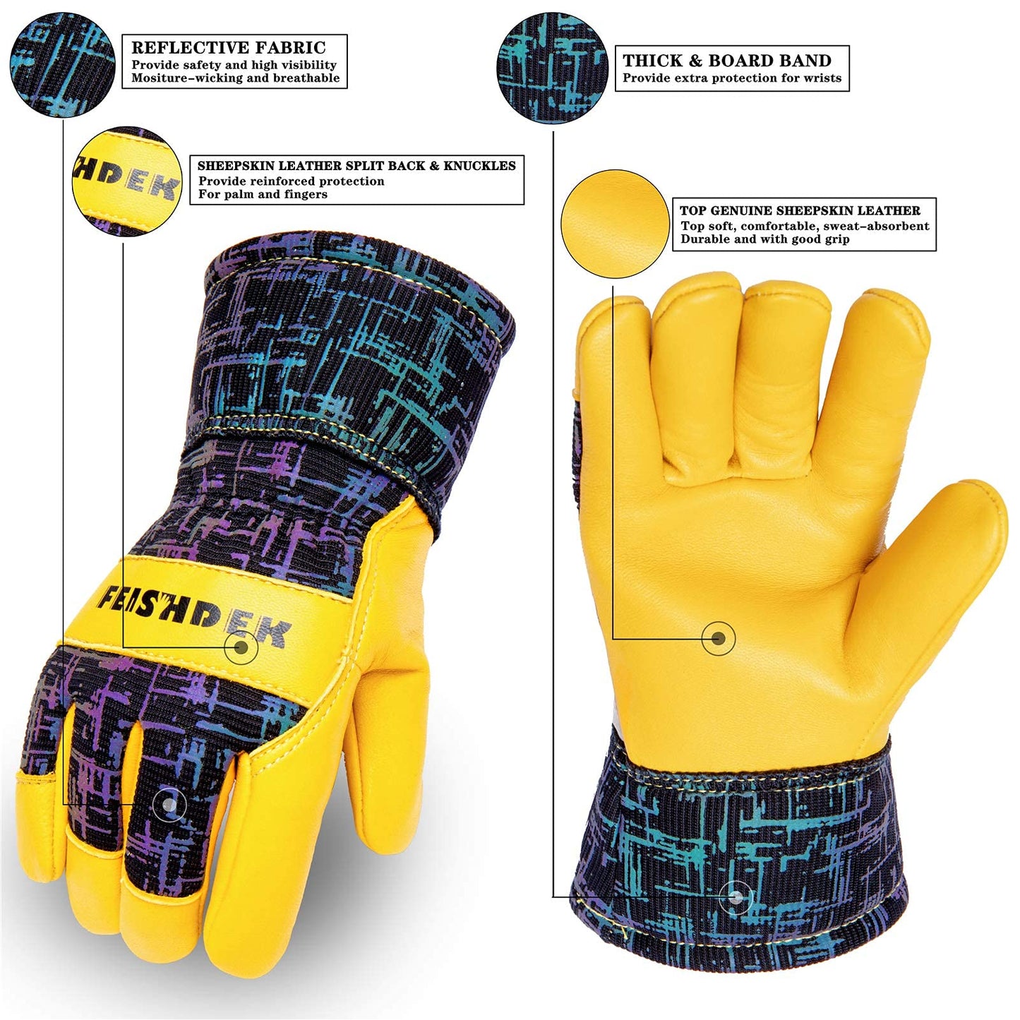 Kids Winter Gloves, 3M Thinsulate Lined Windproof Warm Toddler Work Gloves with Soft Sheepskin Leather, Reflective Knitted Cuff Insulated Cold Weather Ski Gloves for Girls Boys Snow (Large, Age 7-9)