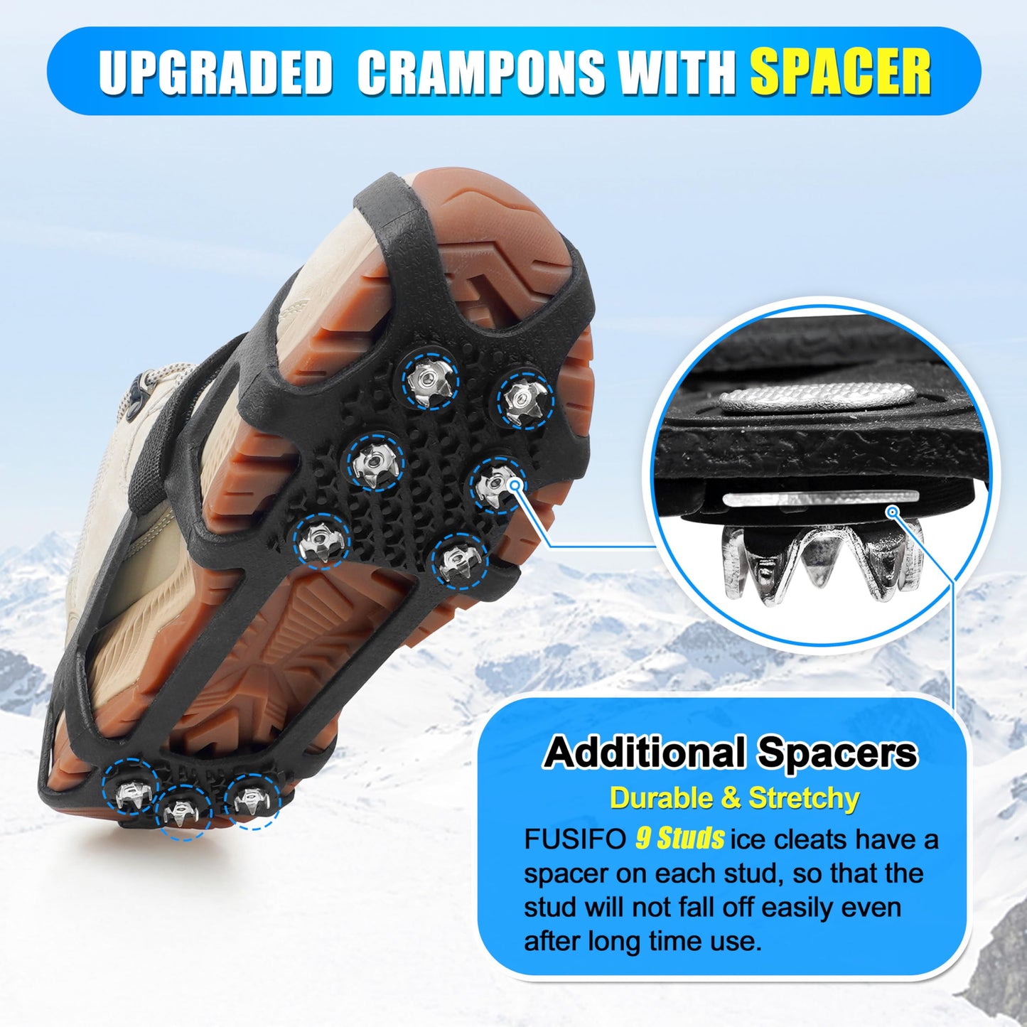 Ice Cleats for Shoes and Boots Snow Traction Cleats Crampons for Snow and Ice Women Men Kids Non Slip Snow Cleats Grippers Winter Walking Hiking Climbing Ice Fishing XL