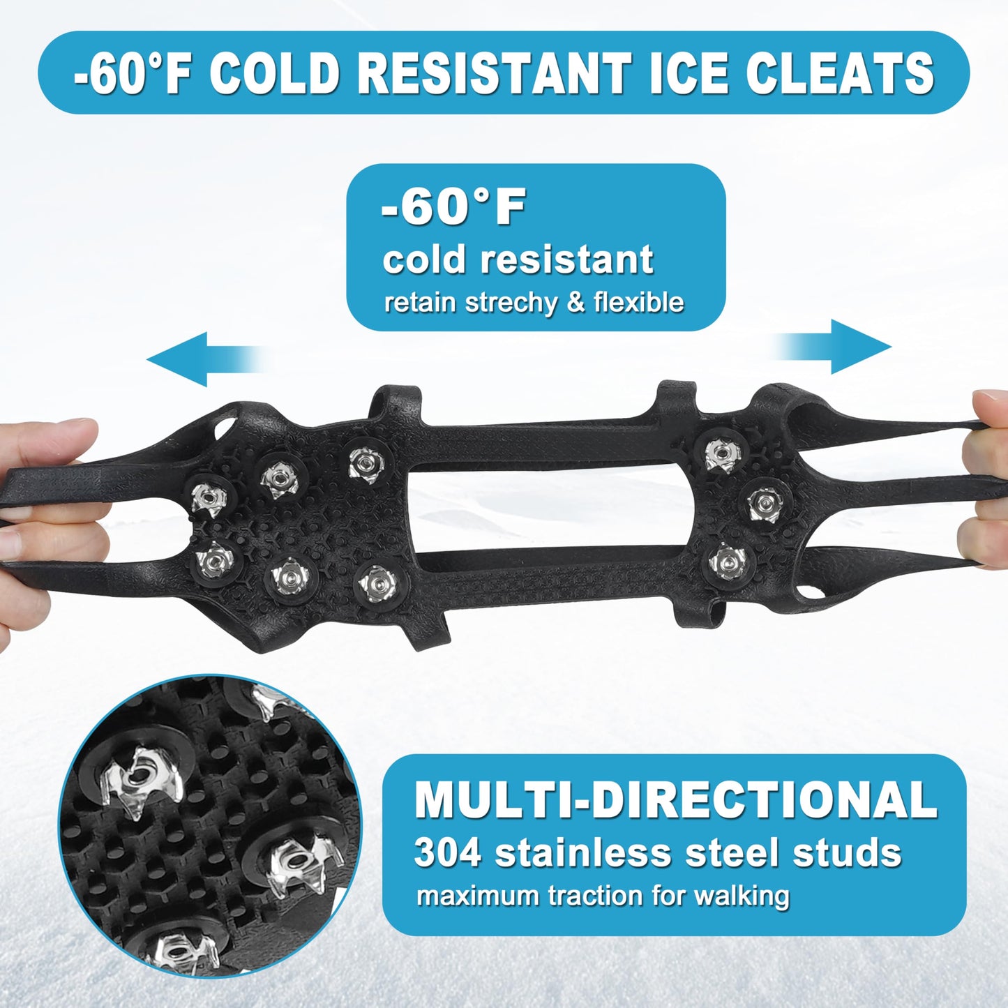 Ice Cleats for Shoes and Boots Snow Traction Cleats Crampons for Walking on Snow and Ice 9 Studs Non-Slip Overshoe Rubber Anti Slip Crampons Slip-on Stretch Footwear Winter Hiking Climbing Ice Fishing