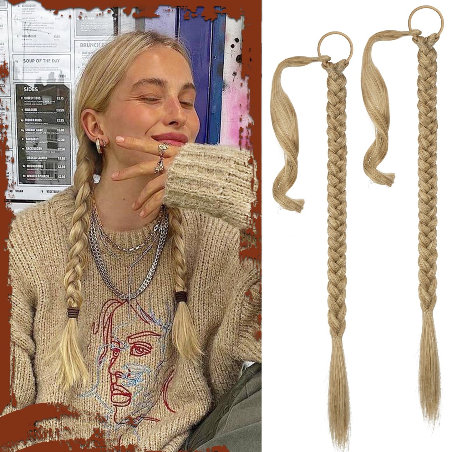 SOFEIYAN Long Braid Ponytail Extension with Hair Tie Straight Sleek Wrap Around Hair Extensions Braid Pony Tail Fluffy Natural Soft Synthetic Hairpieces for Women Daily Wear, 2Pcs 30 inch-Ash Blonde