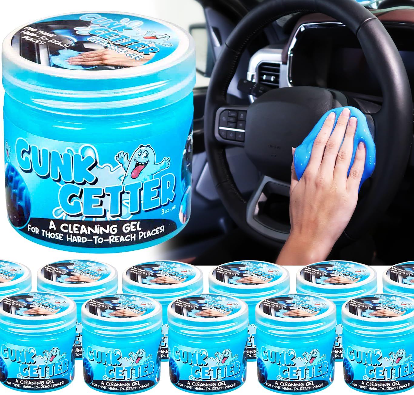 Gunk Getter 12 Pack Cleaning Gel for Those Hard to Reach Places, Automotive Cup Holder Electronic Keyboard Office, Slime Gel Cleaner Dust Crumb Removal (Jar, Blue, 3.5oz)