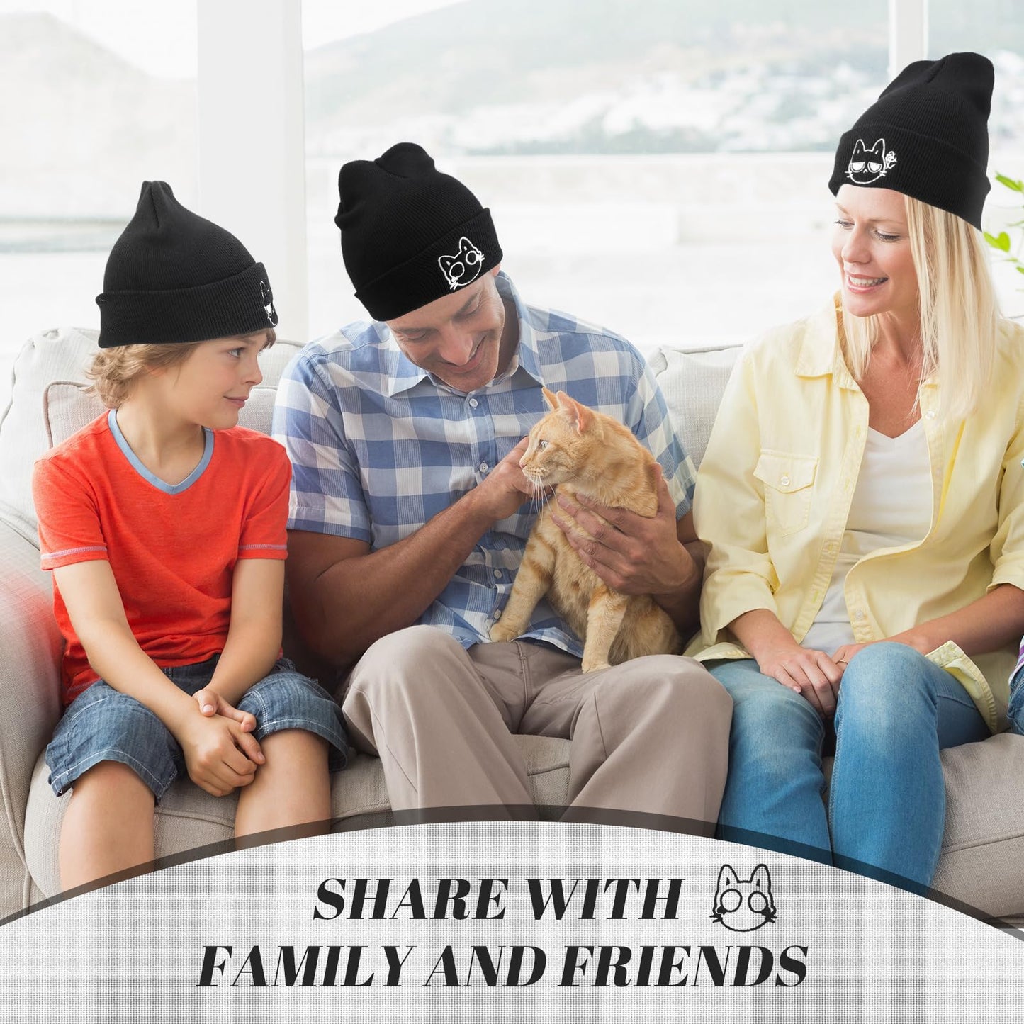 Chuarry 3 Pcs Cat Beanie Winter Hats Embroidered Knit Beanie Hat Winter Knit Crochet Ski Cap Cute Cat Ear Hat Cat Gifts for Halloween Cat Lovers Black