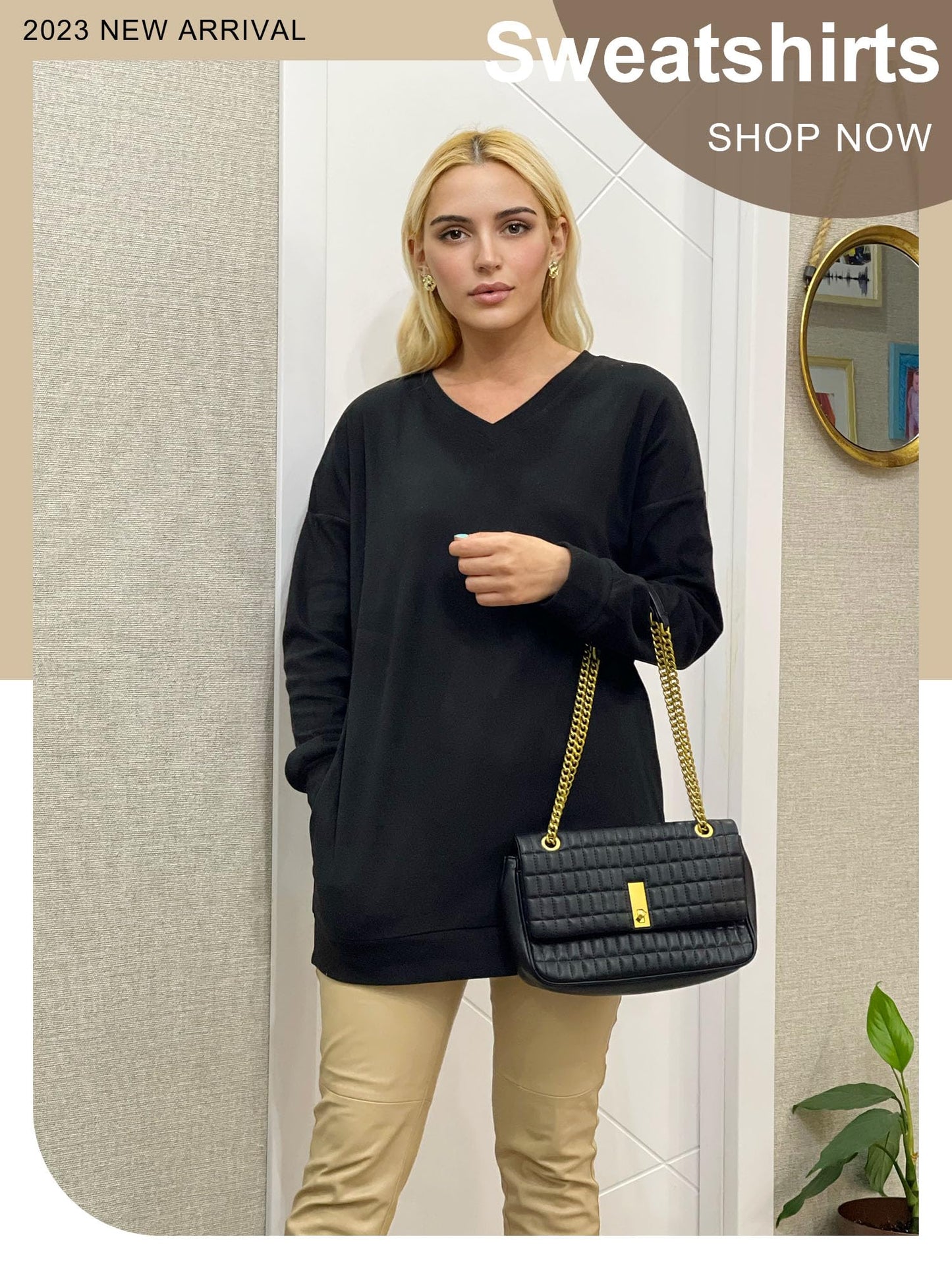 OFEEFAN Black Sweatshirt Plus Size Tops for Women V Neck Winter Long Sweater 3XL