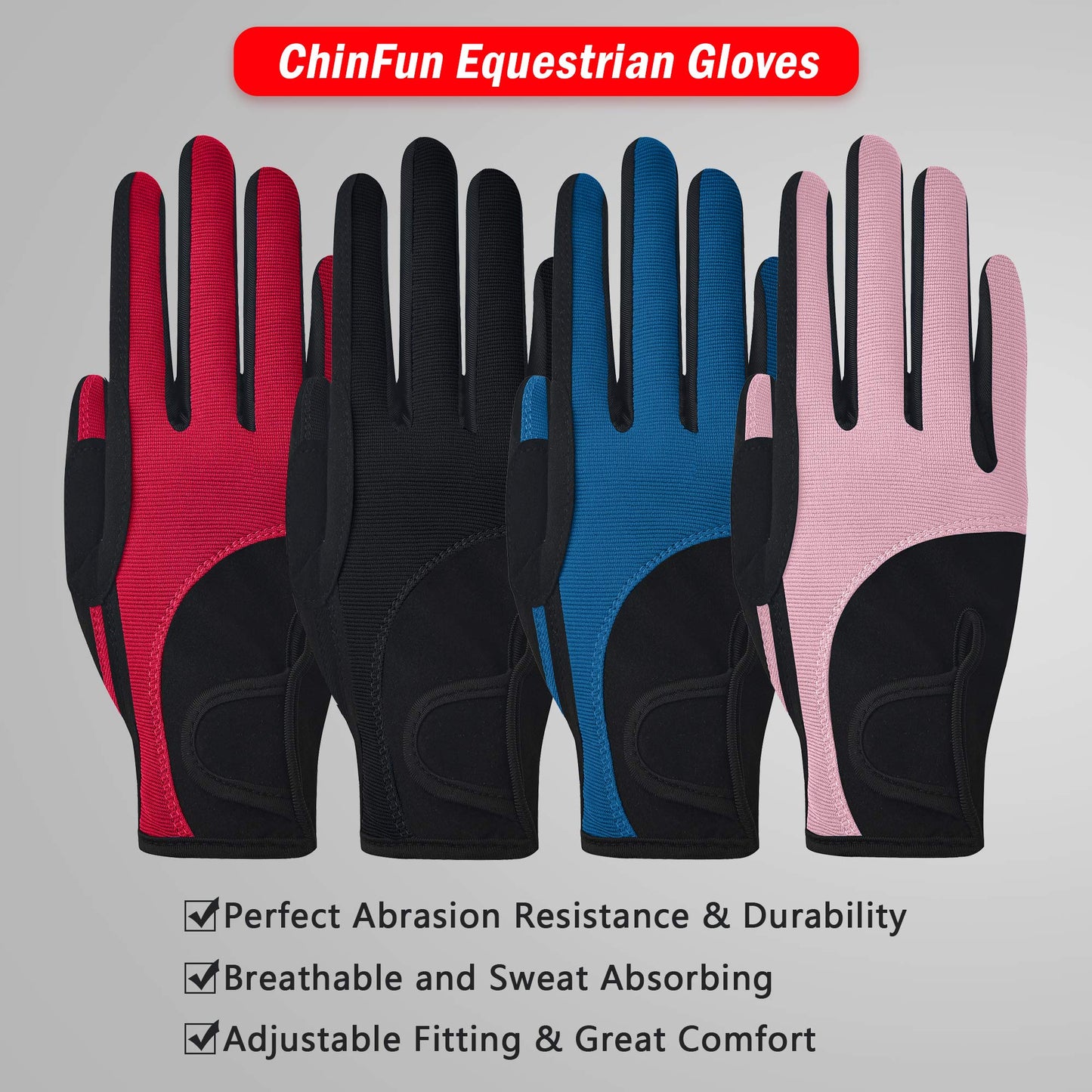 ChinFun Kids Horse Riding Gloves, Children Equestrian Gloves Premium Color-Contrasted, Summer Winter Boys Girls Youth Biking Skiing Gardening Black Size M 8-10