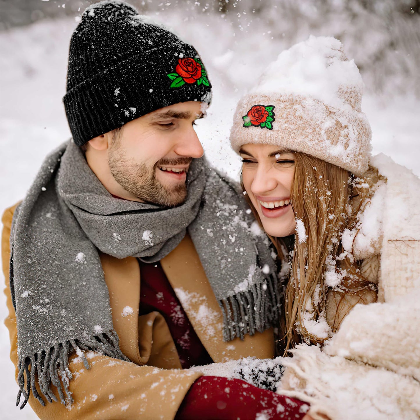 Beanie Hats for Men Unisex Rose Embroidered Women Acrylic Winter Cuffed Knit Warm Ski Hats Green Black