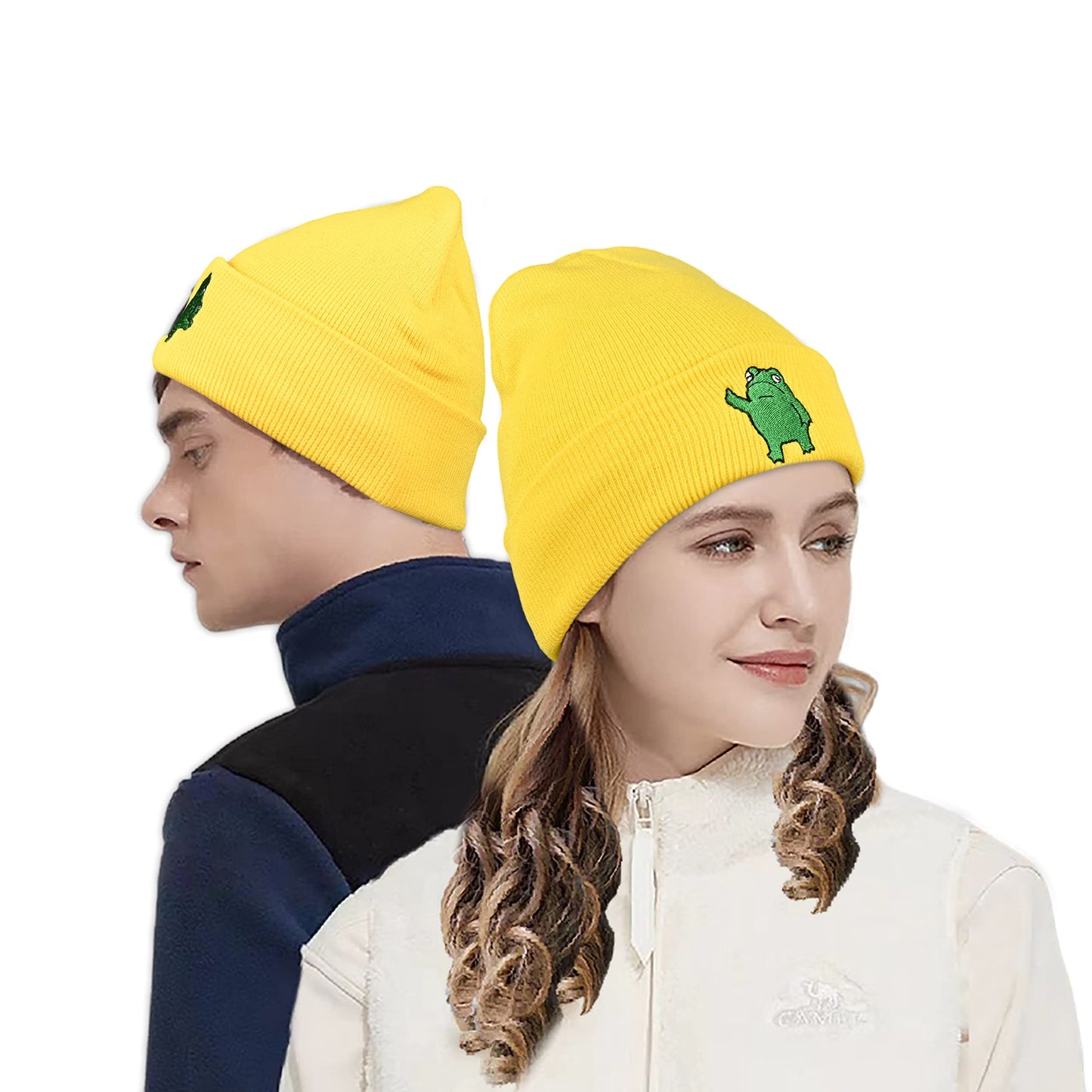 Ulikuwa Knit Cuffed Beanie Hat for Men Women, Funny Embroidered Unhappy Frog Acrylic Soft Warm Winter Hats, Yellow
