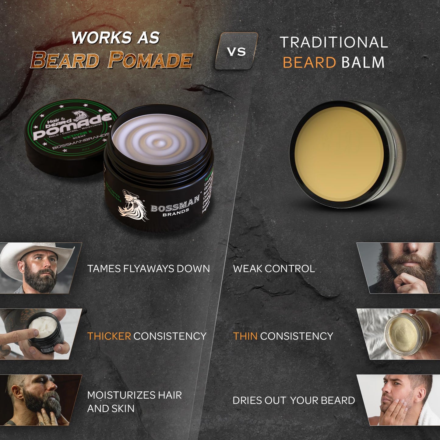 Bossman Natural Hair & Beard Pomade for Men (Vetiver X Scent) – Medium Hold & Moisturizing for Hair, Beard & Mustache Styling – Made in USA