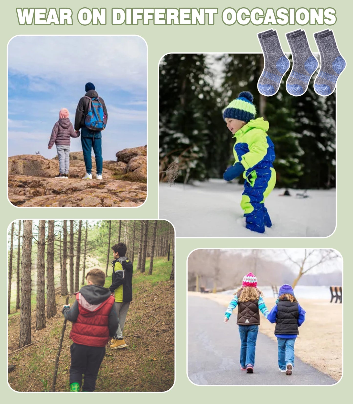 LANLEO Kids Merino Wool Hiking Socks Boys Girls Winter Thermal Warm Thick Cozy Cushion Boot Crew Socks 3 Pairs Hiking Socks Blue,8-12 Year Old