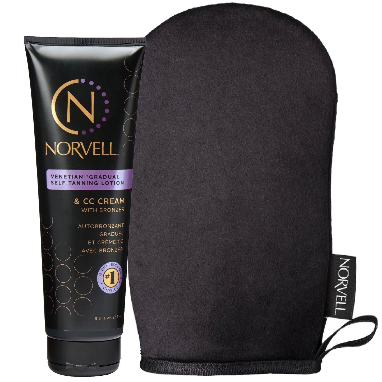 Norvell Sunless Self Tanning Bundle: Self Tan Extender Lotion, 8,5 fl. oz. + Streak Free Tan Applicator Mitt - Premium After Tanning Lotion Moisturizer and Washable Self Tan Mitt for Flawless Results