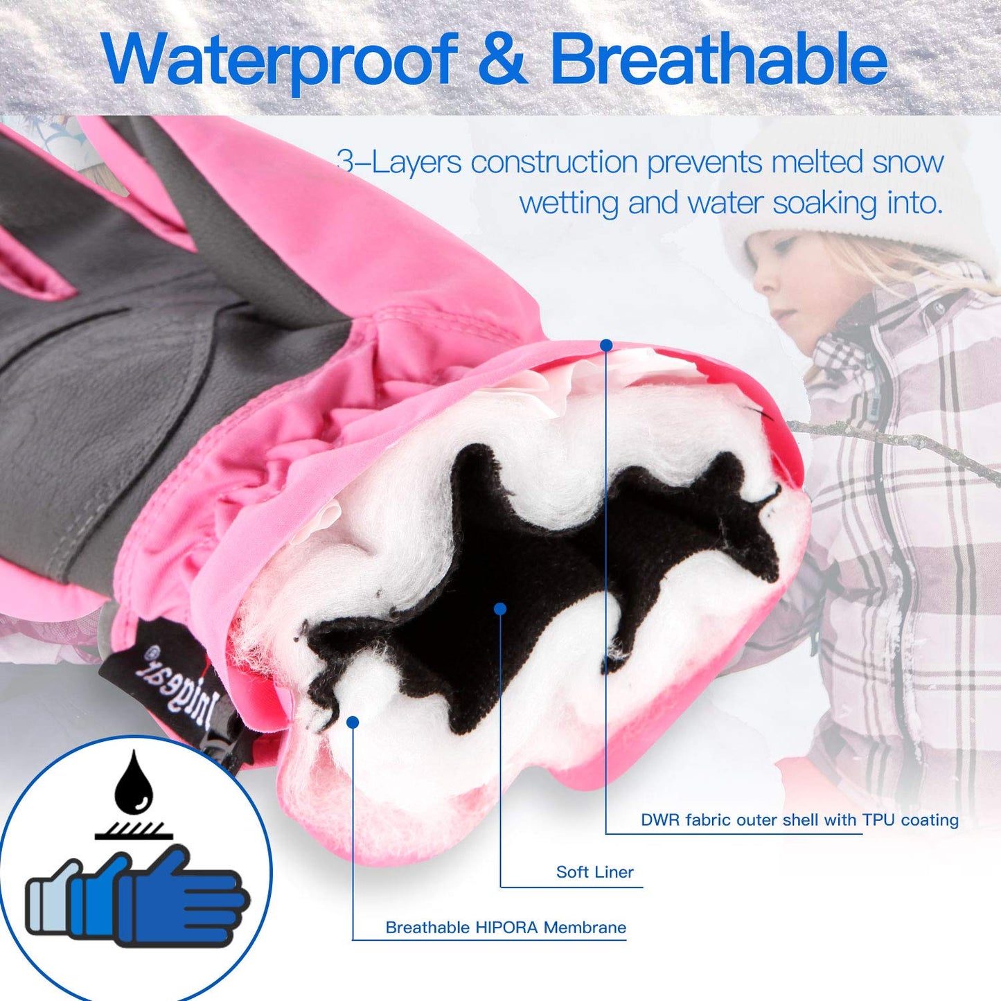 Unigear Kids Ski Gloves, Waterproof Winter Cold Weather Snowboard Snow Gloves, Fit Both Boys & Girls