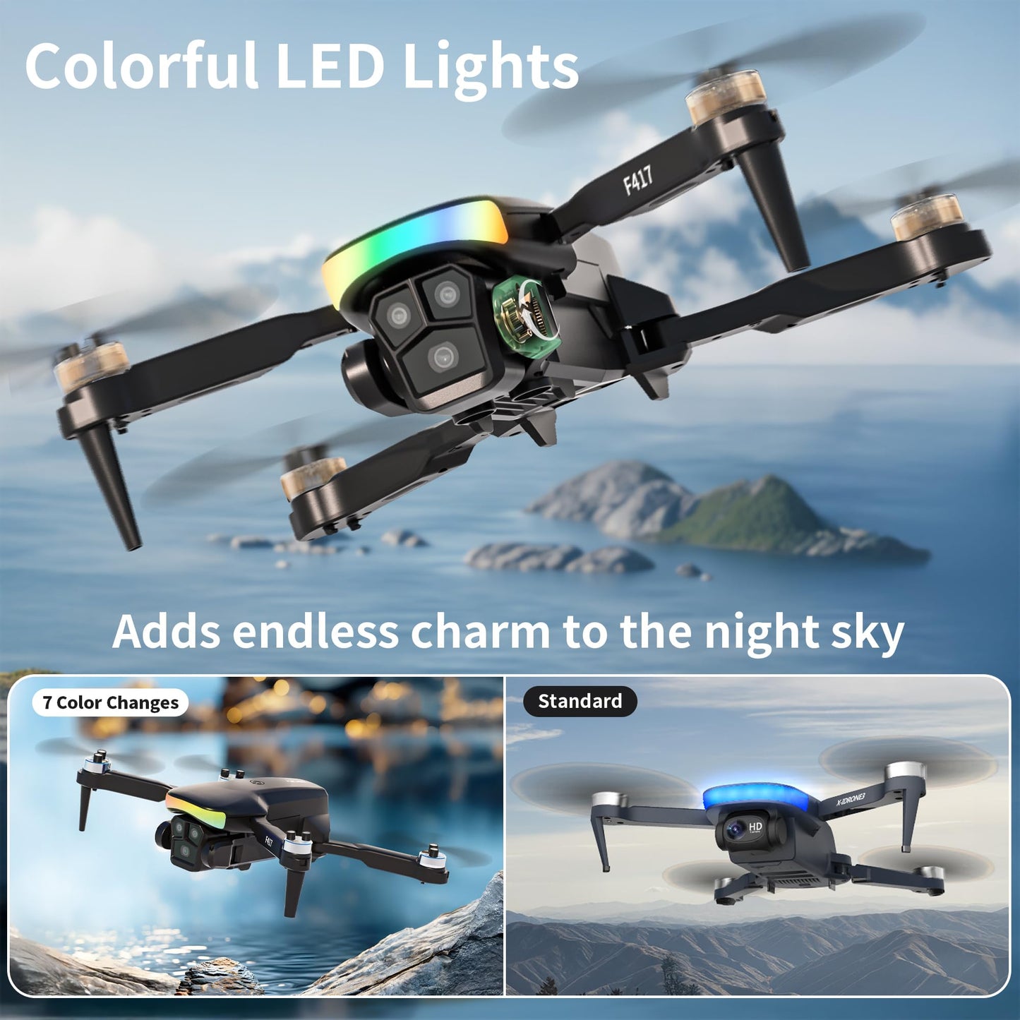 F417 Drone with Camera 1080P for Beginners and Adults,RGB LED Light 90°Electric Adjustable Lens,FPV Drone Mini RC Quadcopter with Live Video Camera,360° Flip,One Key Take Off/Land,Carry Case,Black
